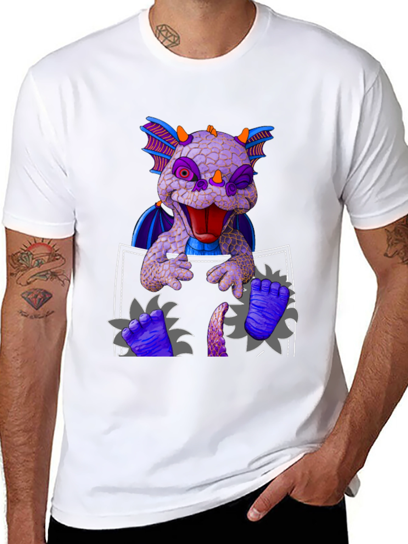 Dragon Pocket T-Shirt: Whimsical Creature Design