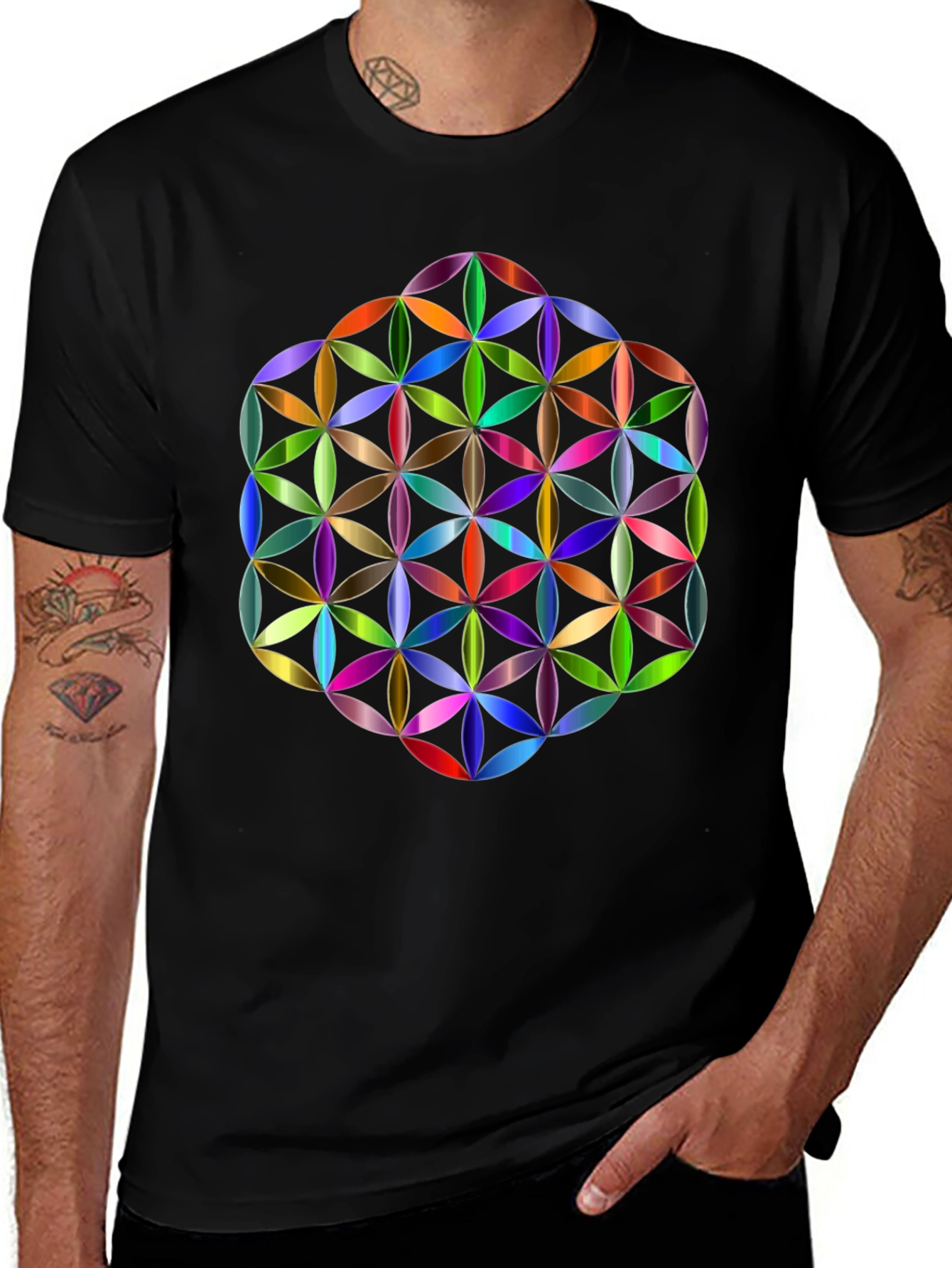 Geometric Flower of Life Graphic Tee - Black