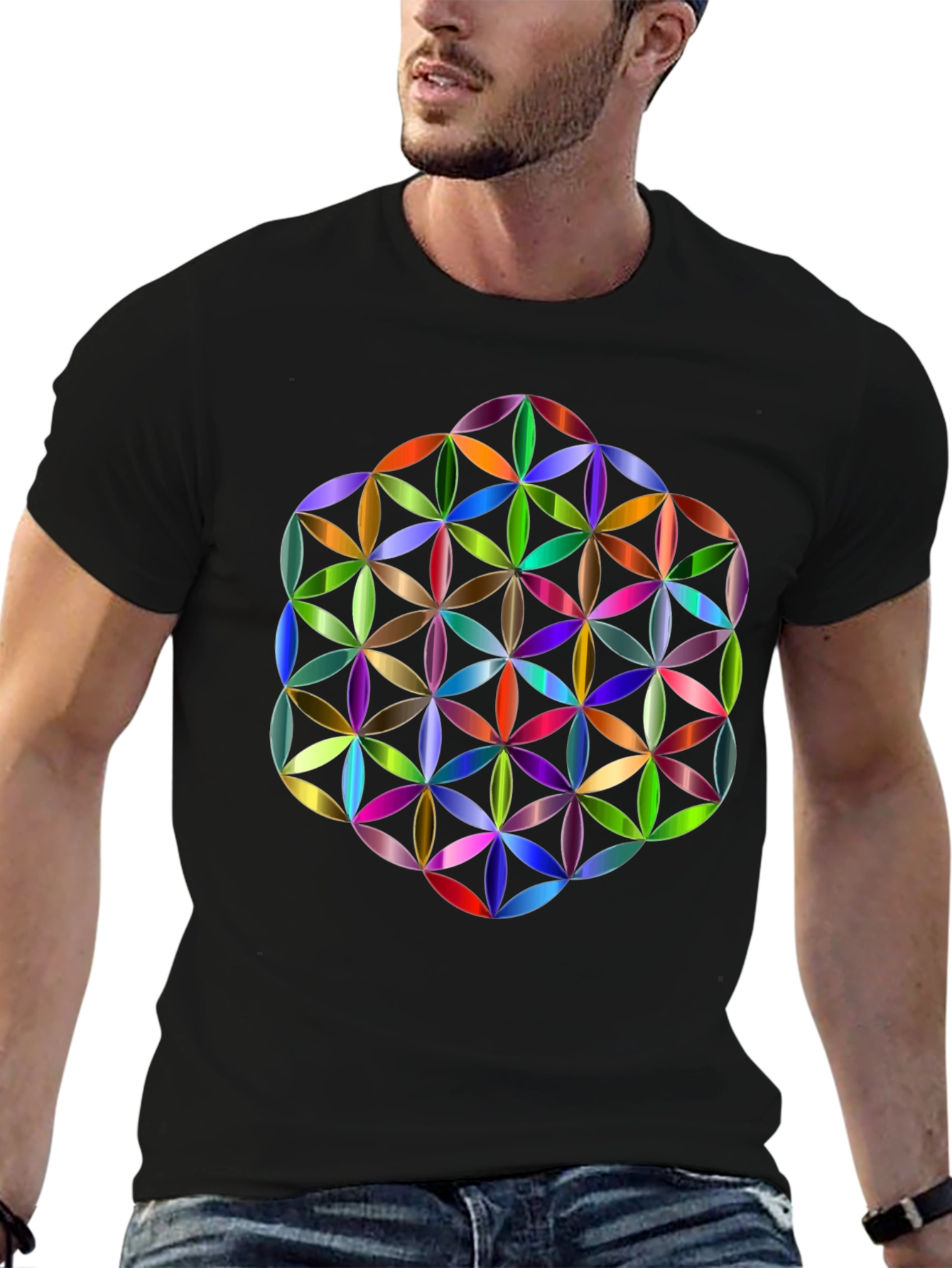 Geometric Flower of Life Graphic Tee - Black