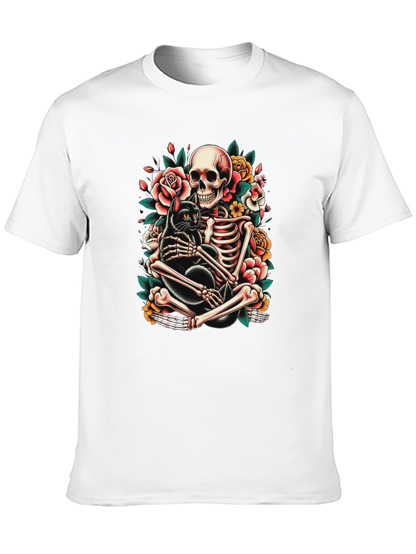 Skeleton and Black Cat Graphic T-Shirt