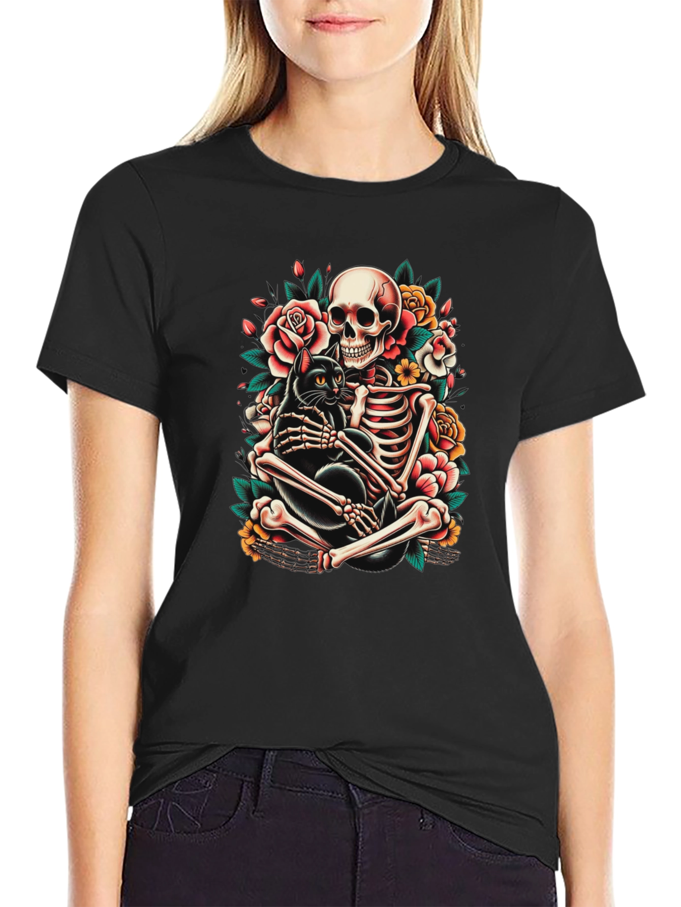 Skeleton and Black Cat Graphic T-Shirt