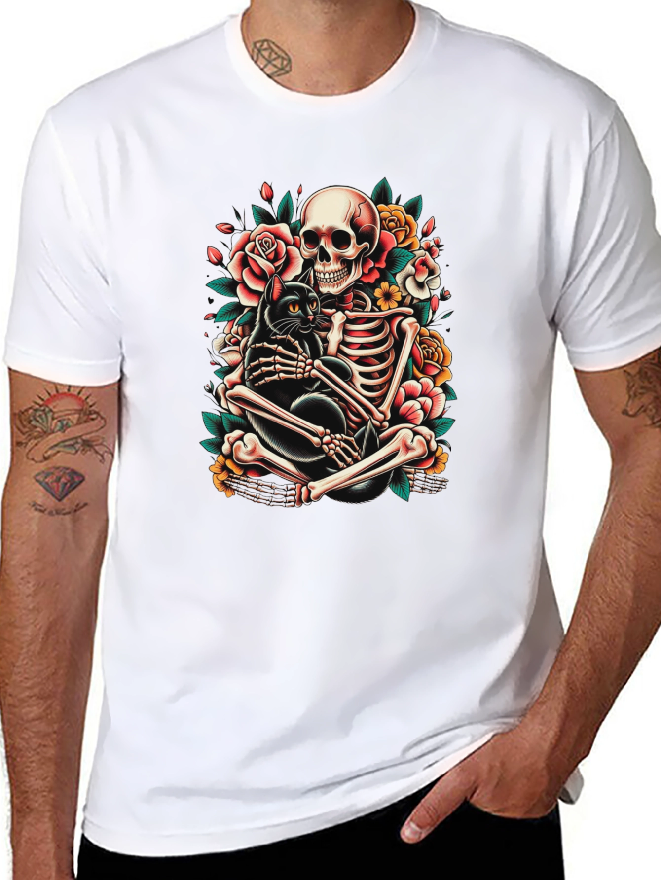 Skeleton and Black Cat Graphic T-Shirt
