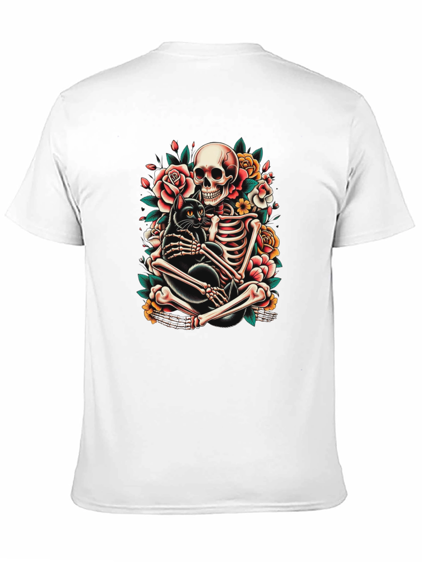 Skeleton and Black Cat Graphic T-Shirt