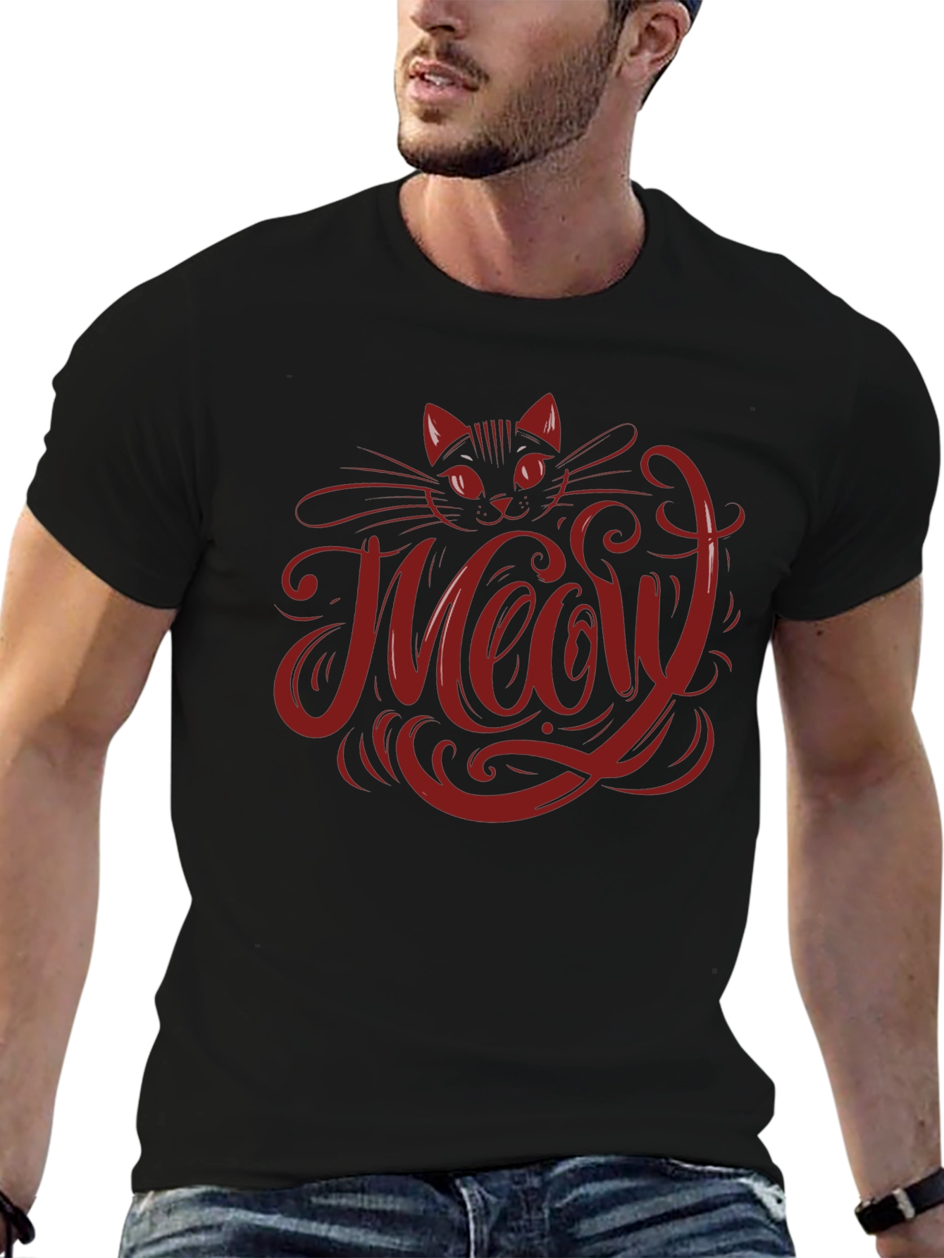 Meow Cat Graphic T-Shirt - Black
