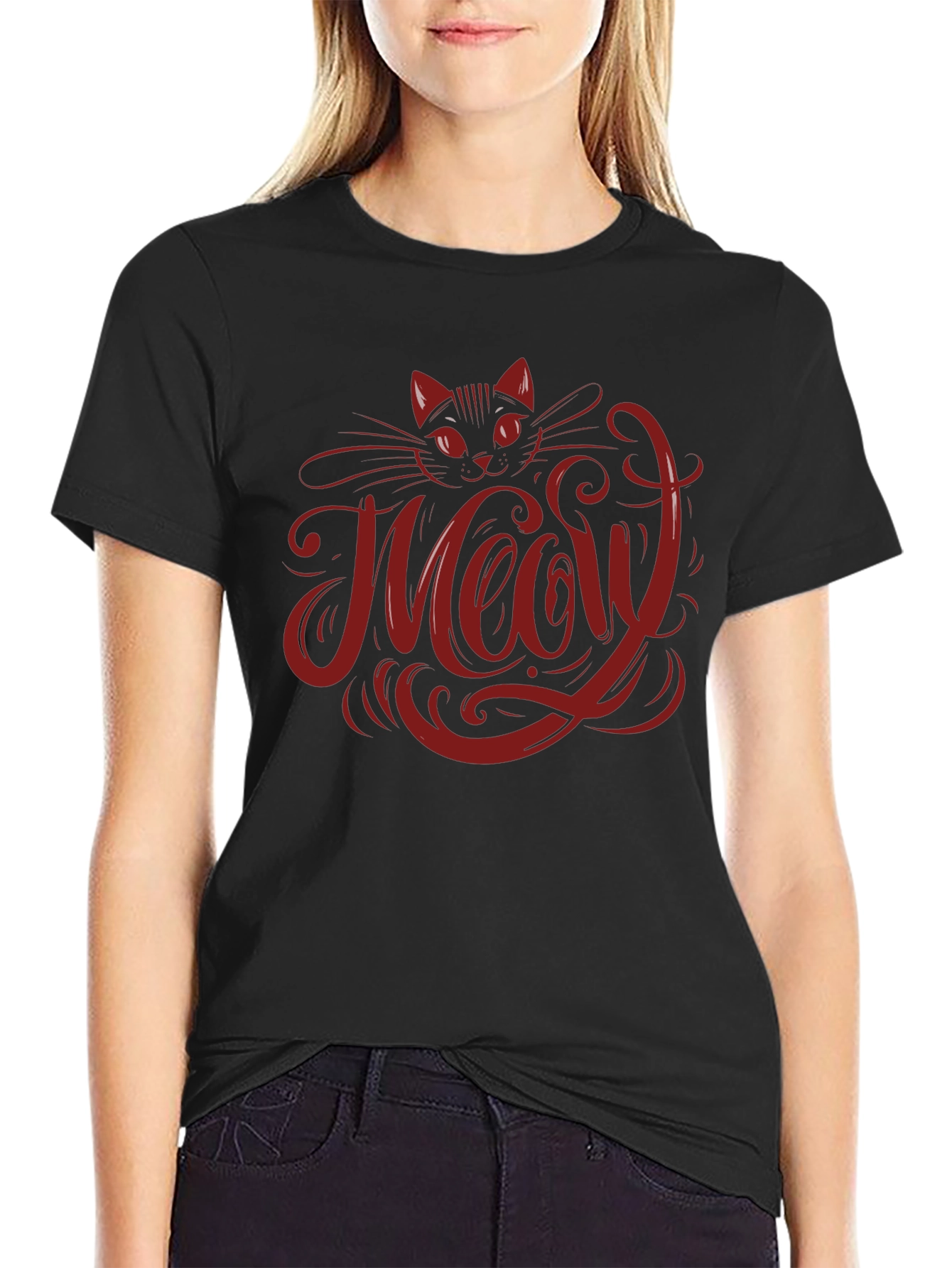Meow Cat Graphic T-Shirt - Black