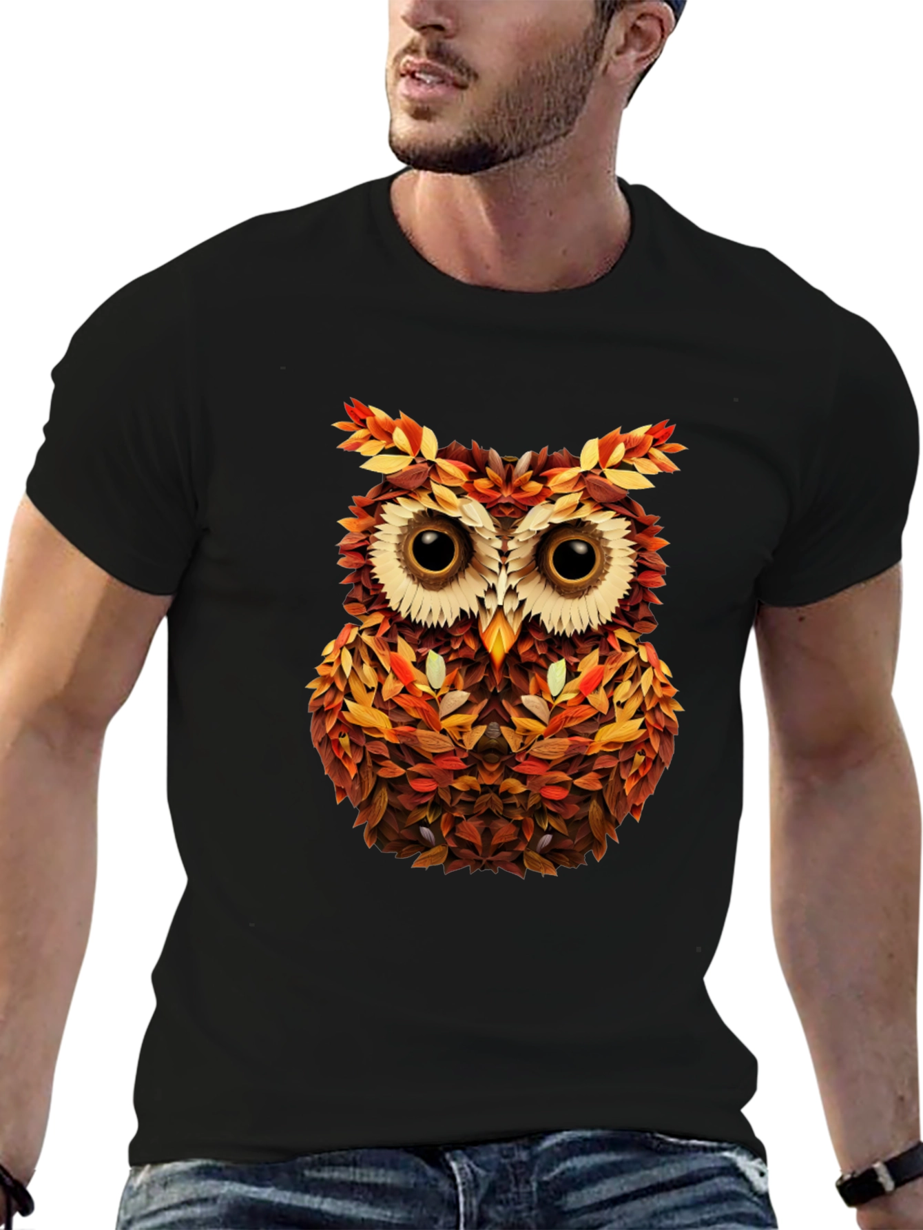 Autumn Owl Graphic Tee - Nature Inspired Black T-Shirt