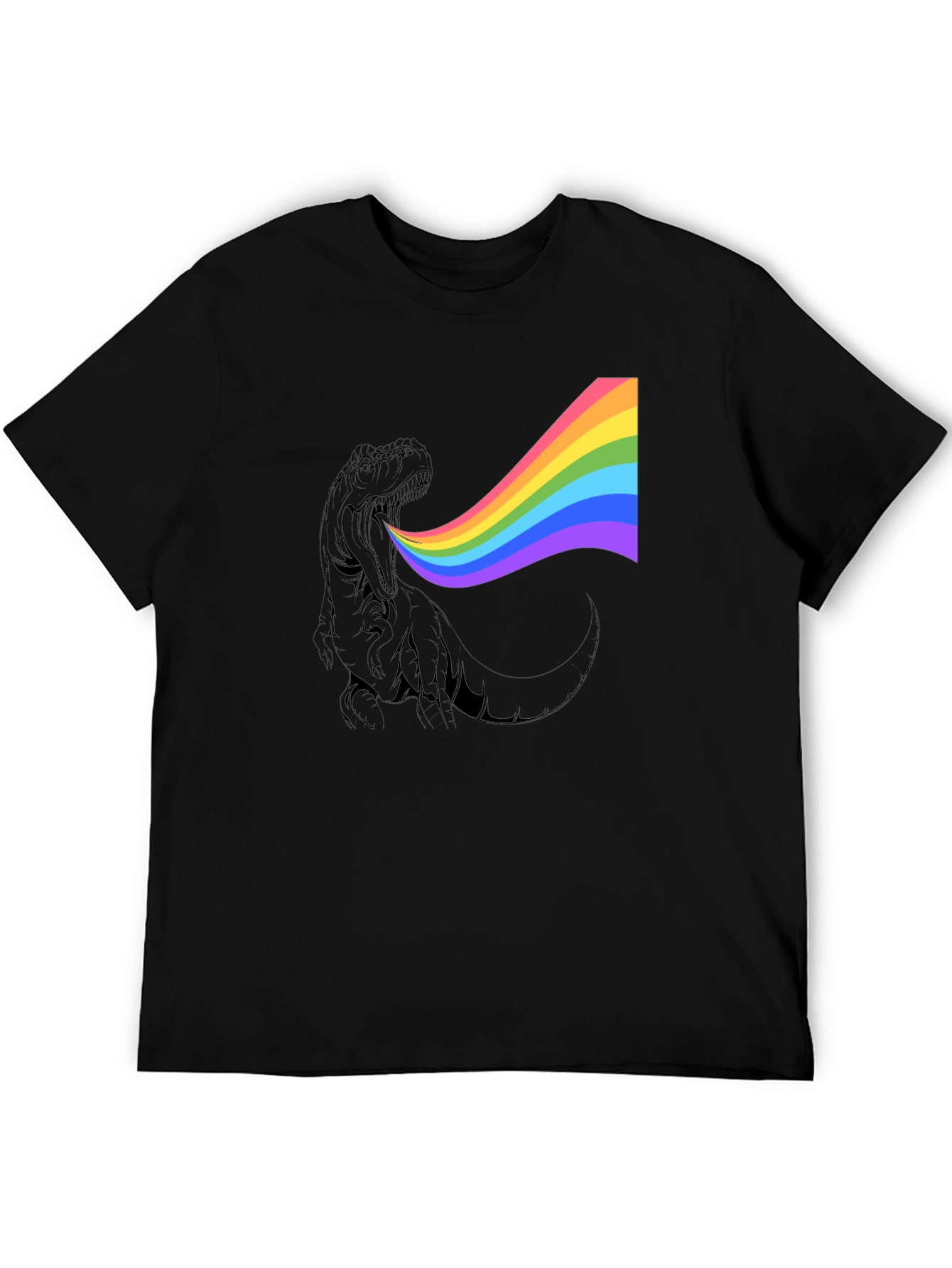 Rainbow Dinosaur Graphic Tee - Black Cotton T-Shirt