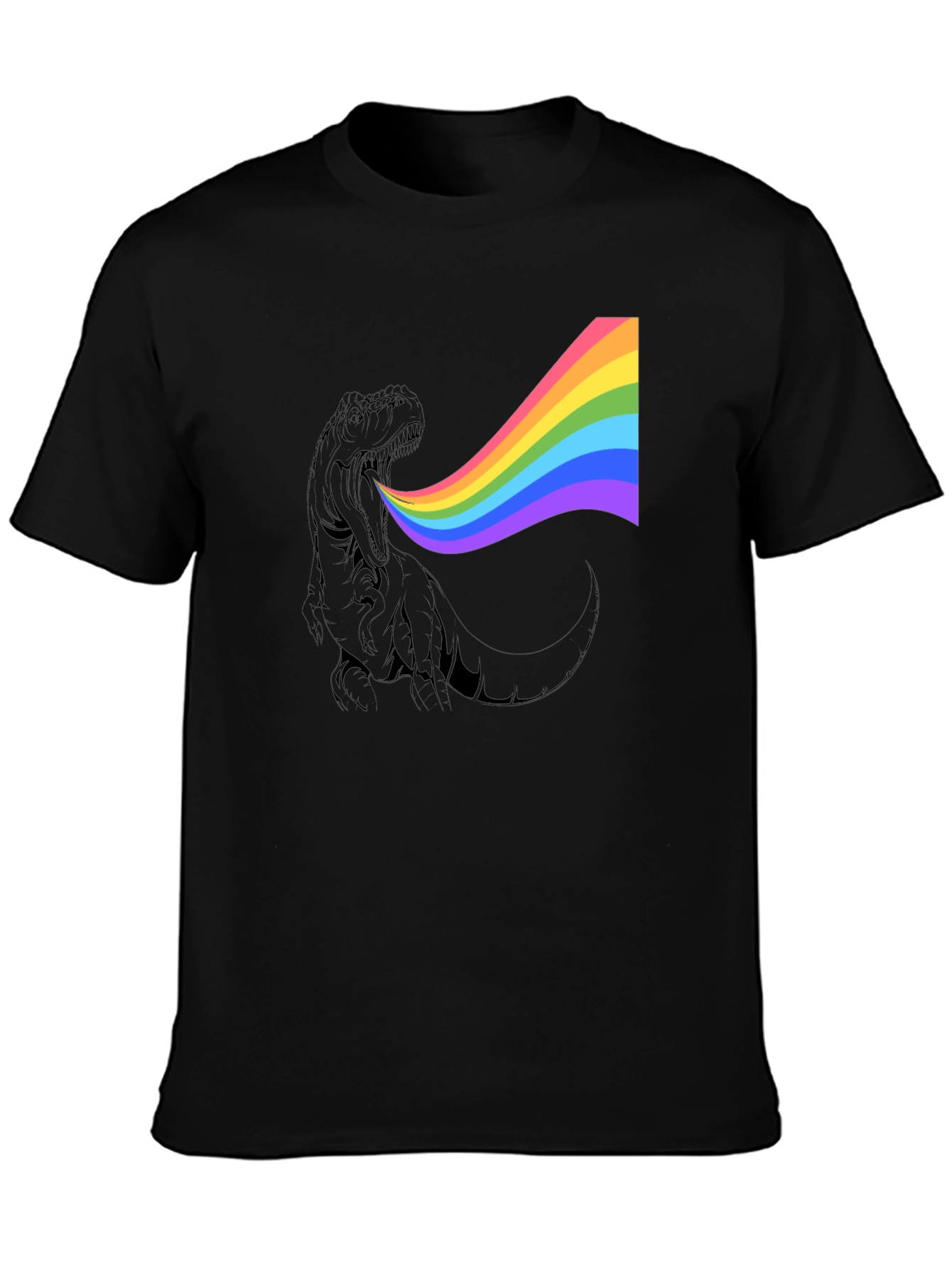 Rainbow Dinosaur Graphic Tee - Black Cotton T-Shirt