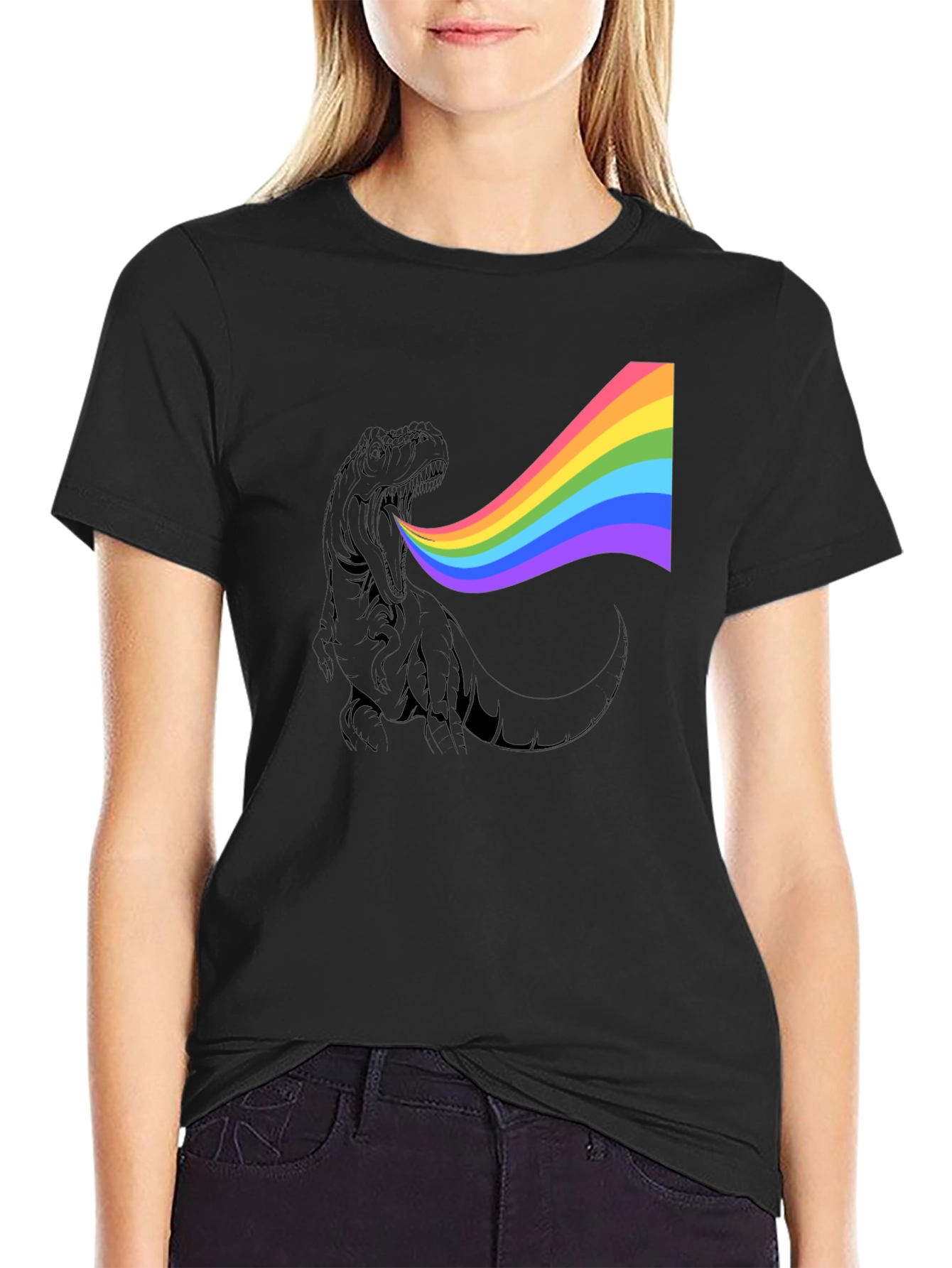 Rainbow Dinosaur Graphic Tee - Black Cotton T-Shirt