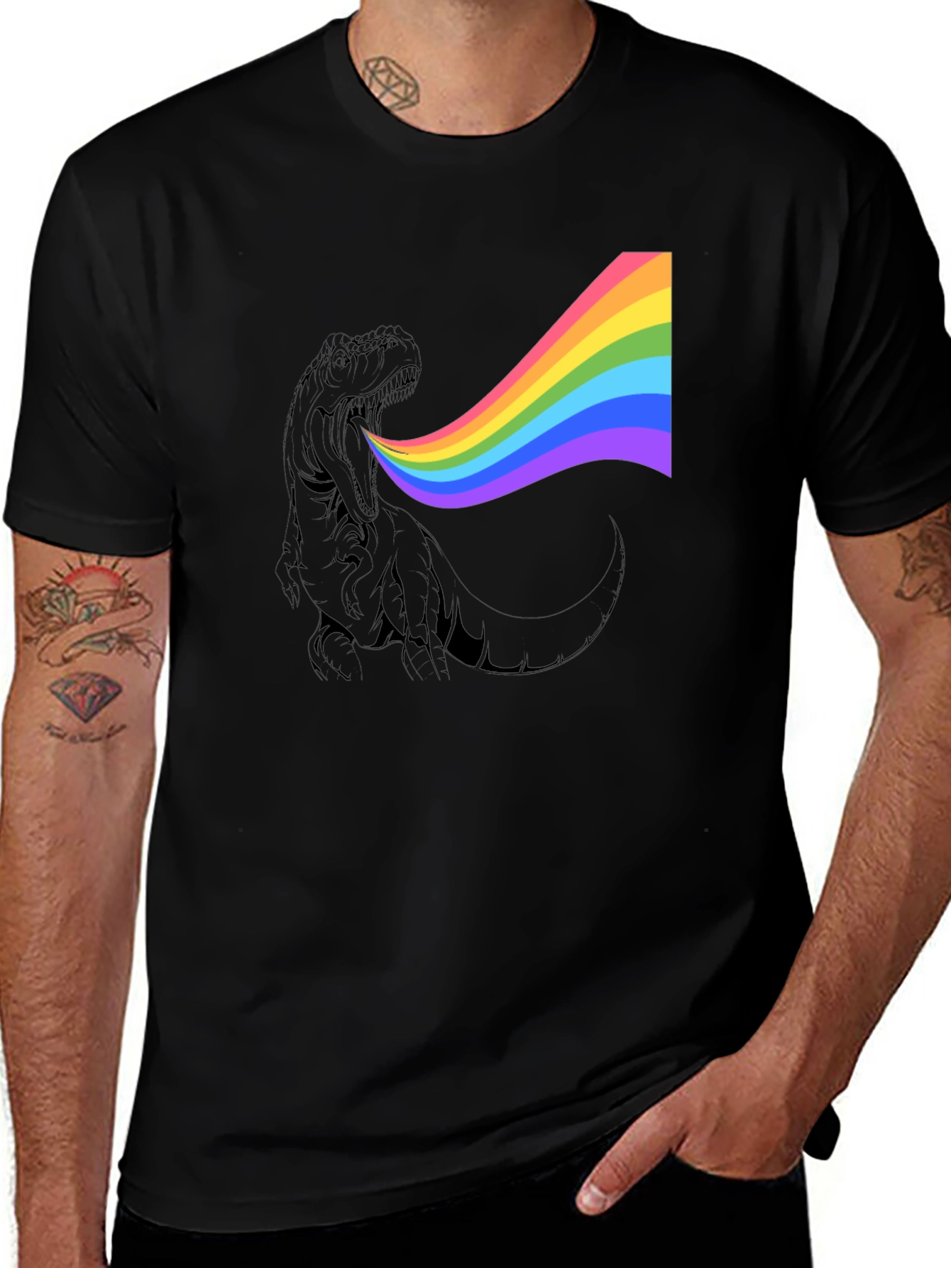 Rainbow Dinosaur Graphic Tee - Black Cotton T-Shirt