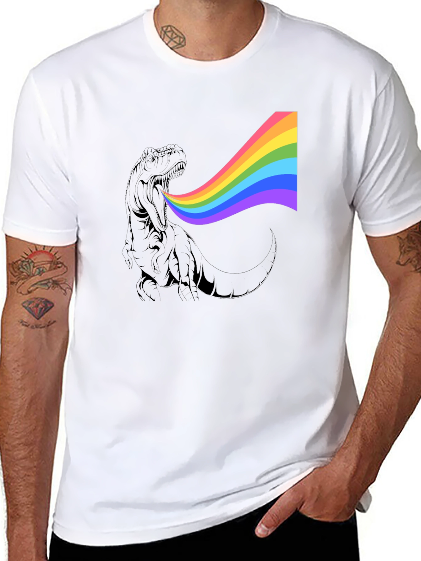 Rainbow Dinosaur Graphic Tee - Black Cotton T-Shirt