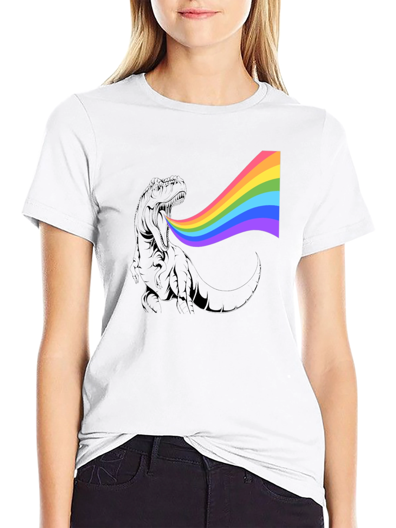 Rainbow Dinosaur Graphic Tee - Black Cotton T-Shirt