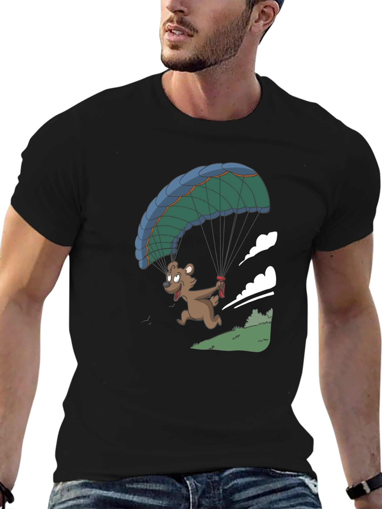 Bear Parachute Graphic T-Shirt - Black Casual Tee