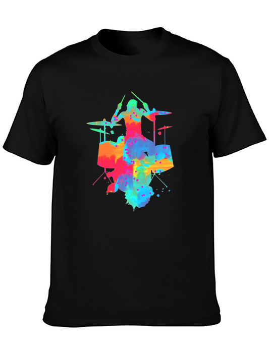 Colorful Drummer Graphic Black T-Shirt