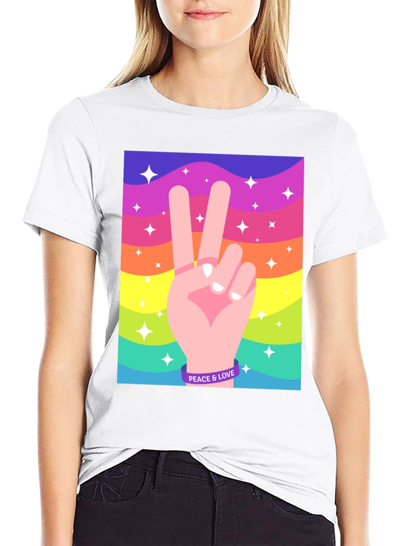Peace and Love Graphic Tee - Retro Rainbow Design