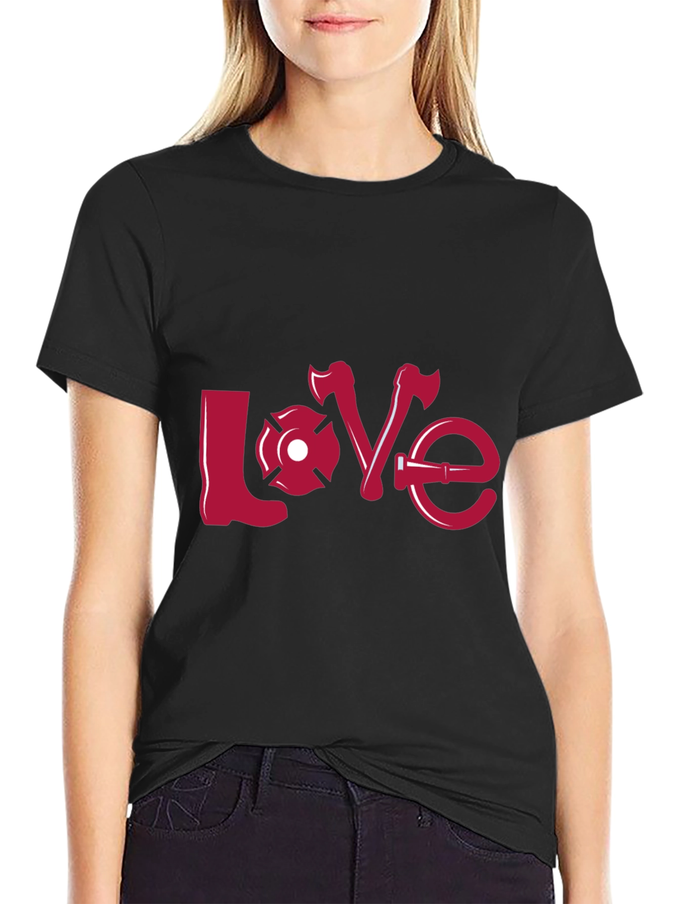 Firefighter Love Graphic Tee - Black Crew Neck Shirt