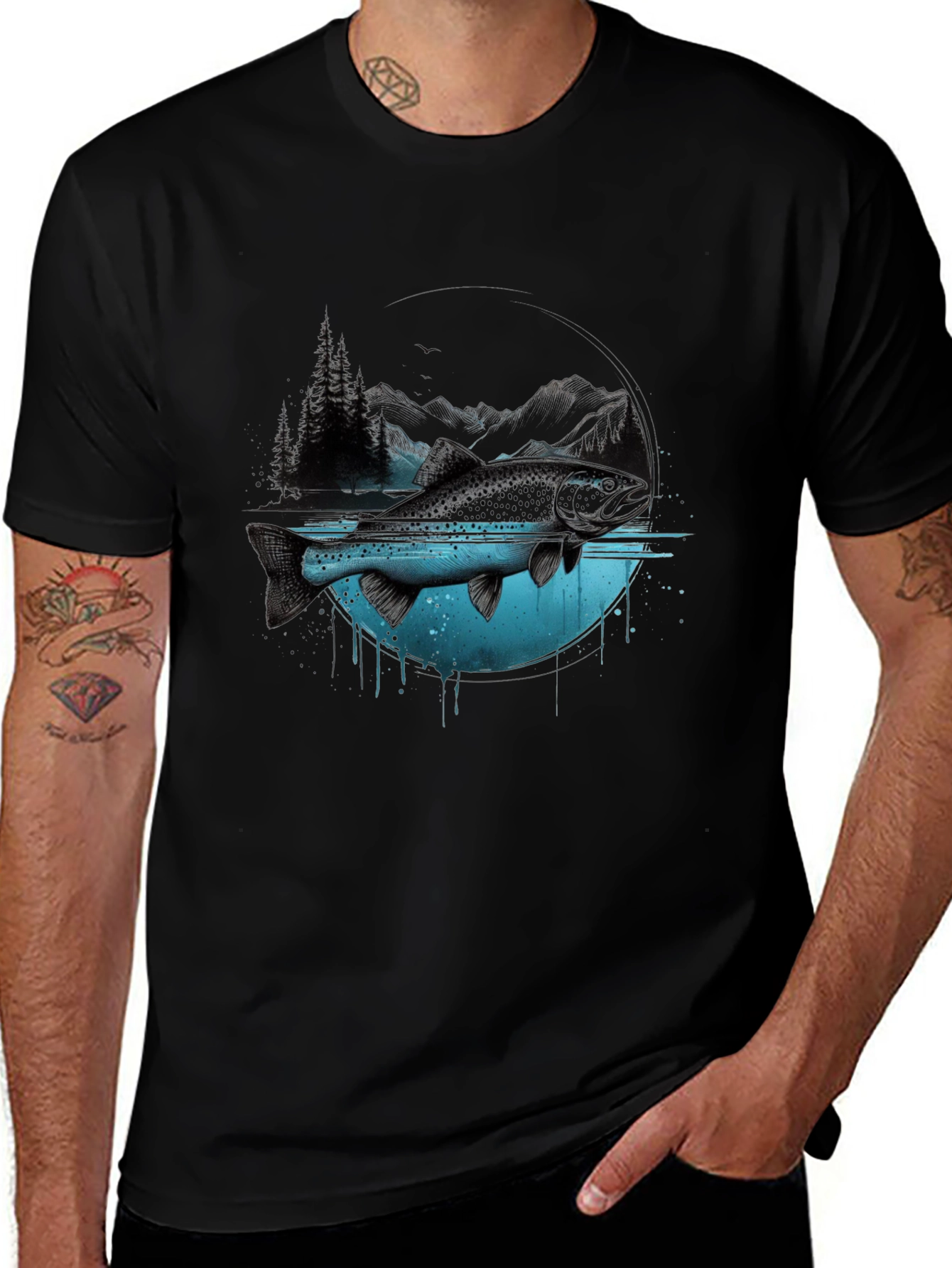 Nature Fish Graphic Print Crew Neck T-Shirt