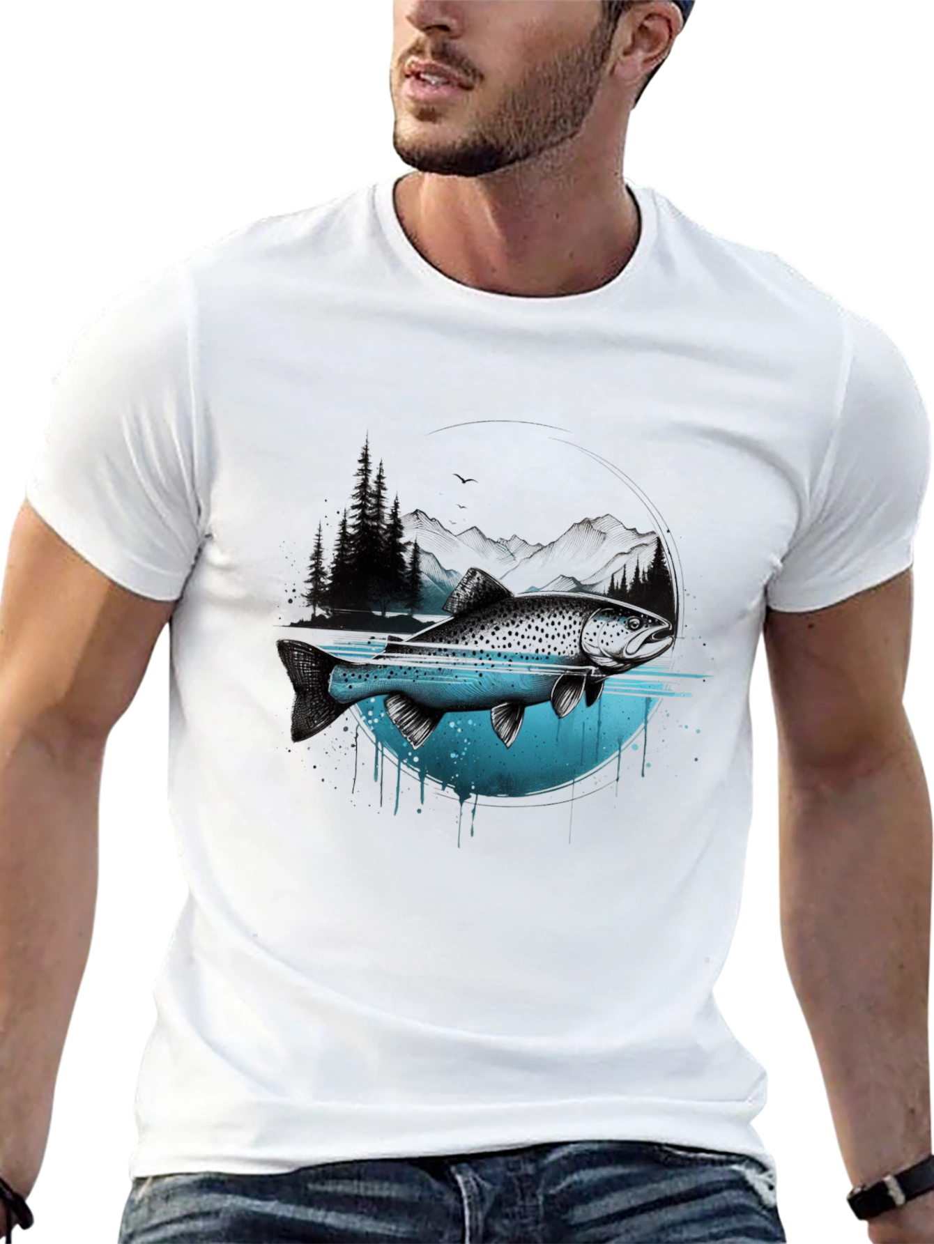 Nature Fish Graphic Print Crew Neck T-Shirt