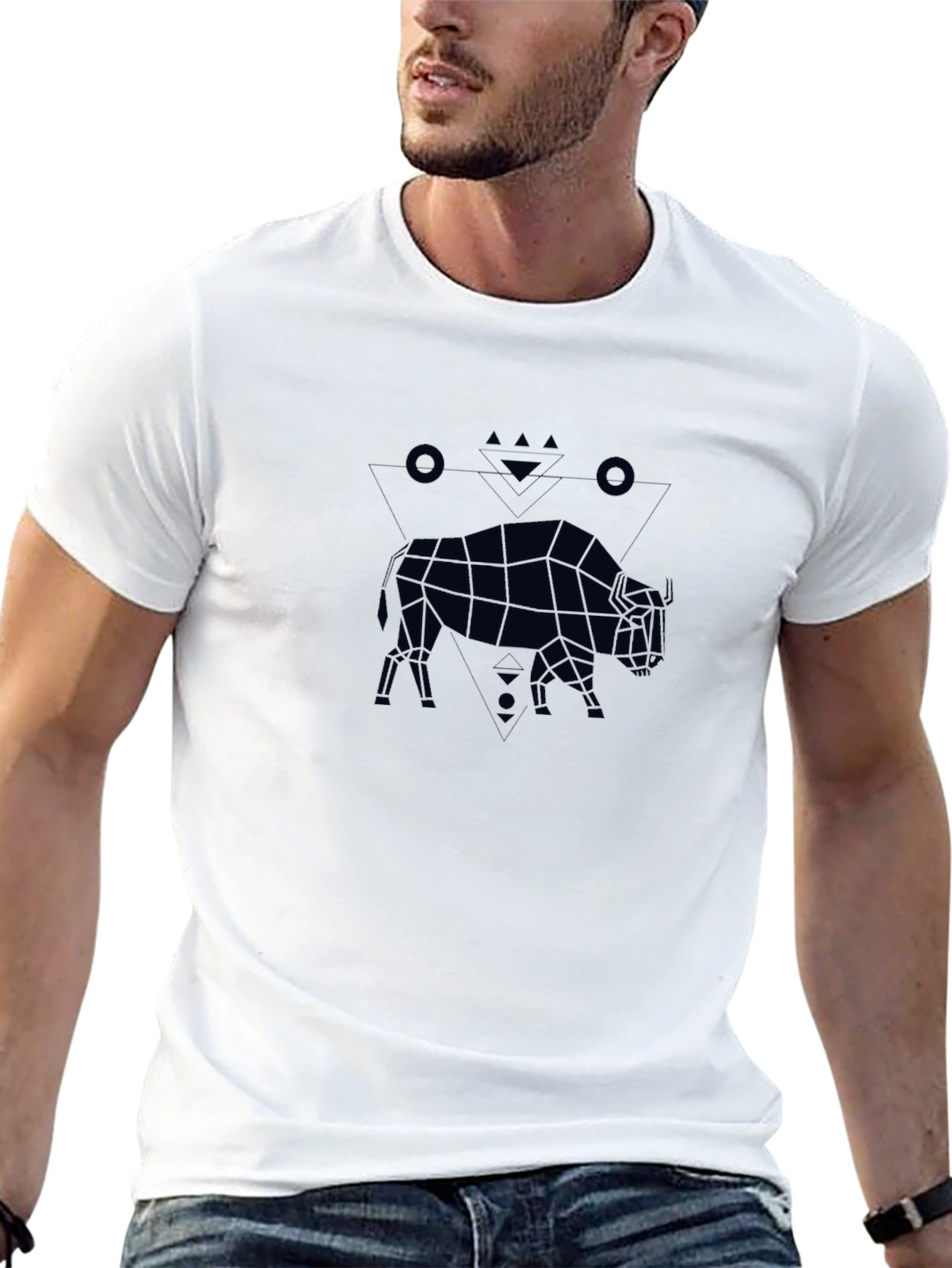 Geometric Bison Graphic Tee - Black