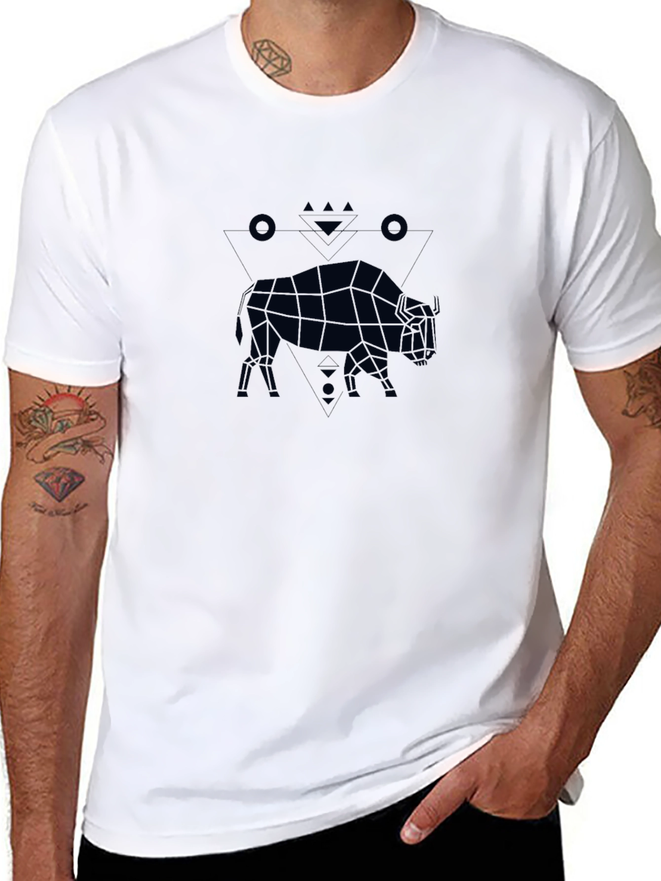 Geometric Bison Graphic Tee - Black