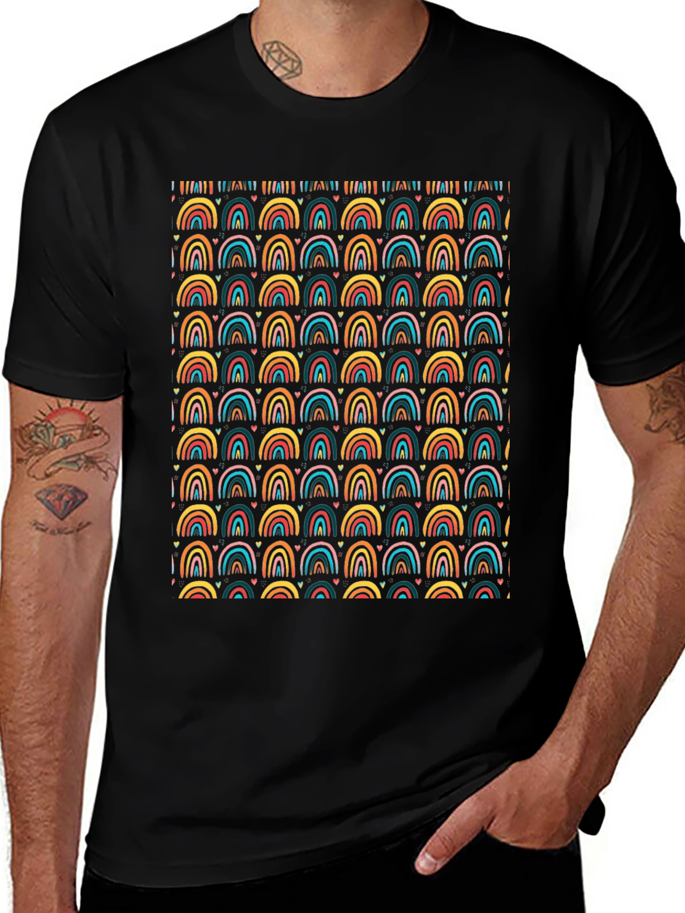 Rainbow Arches Heart Print Black T-Shirt