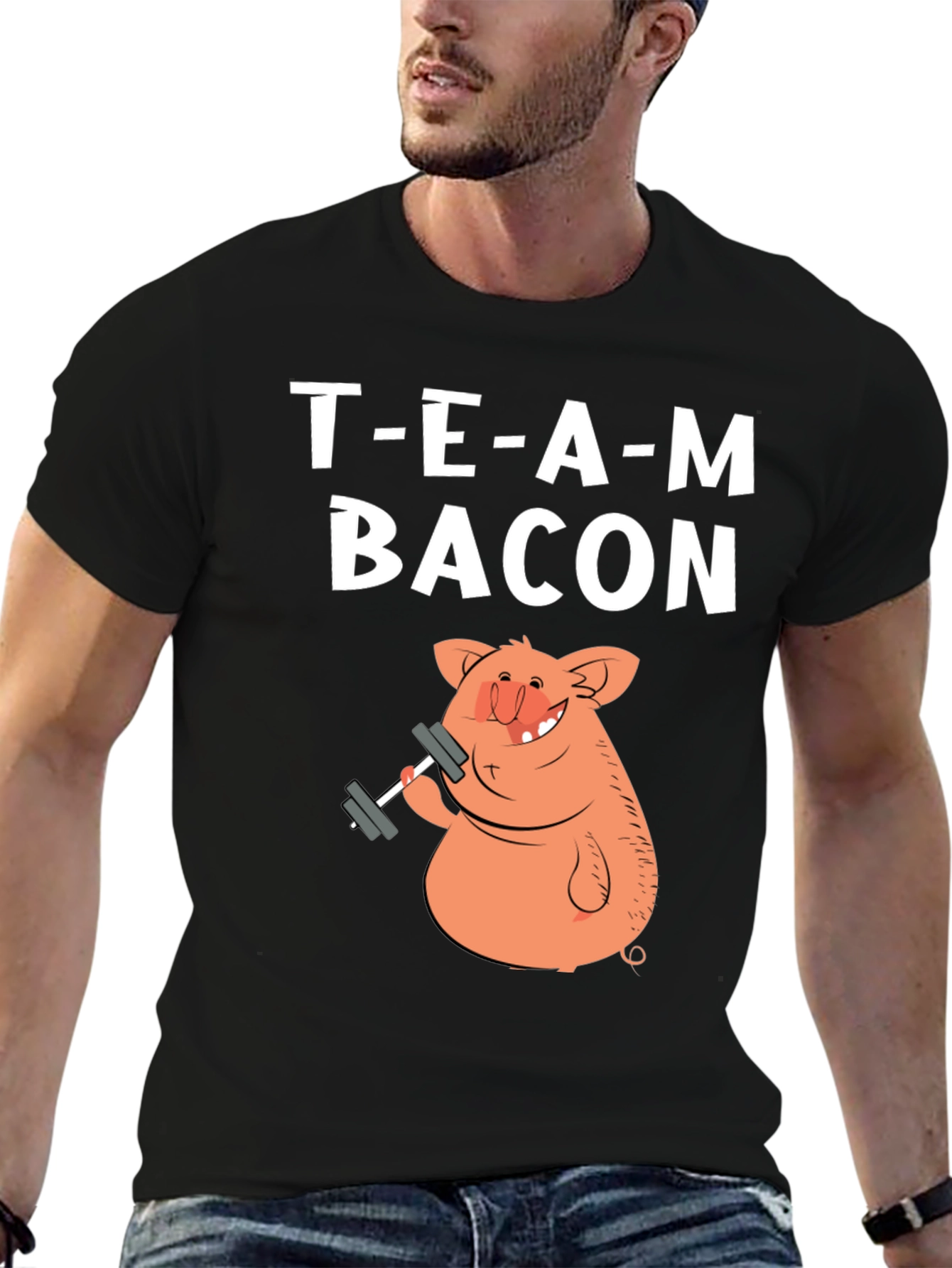 Team Bacon Pig Lifting Weights Graphic T-Shirt