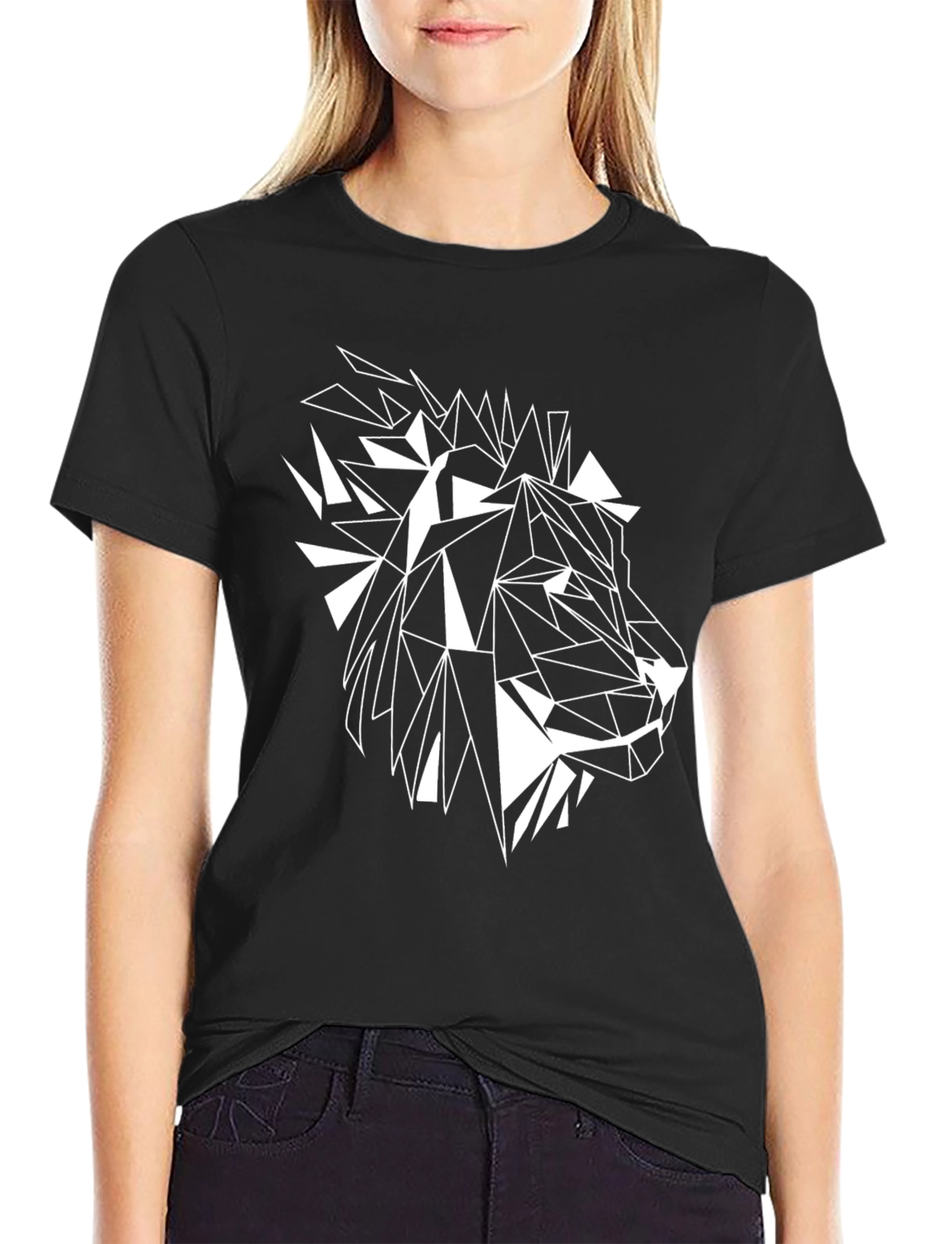 Geometric Lion Graphic Print Black T-Shirt