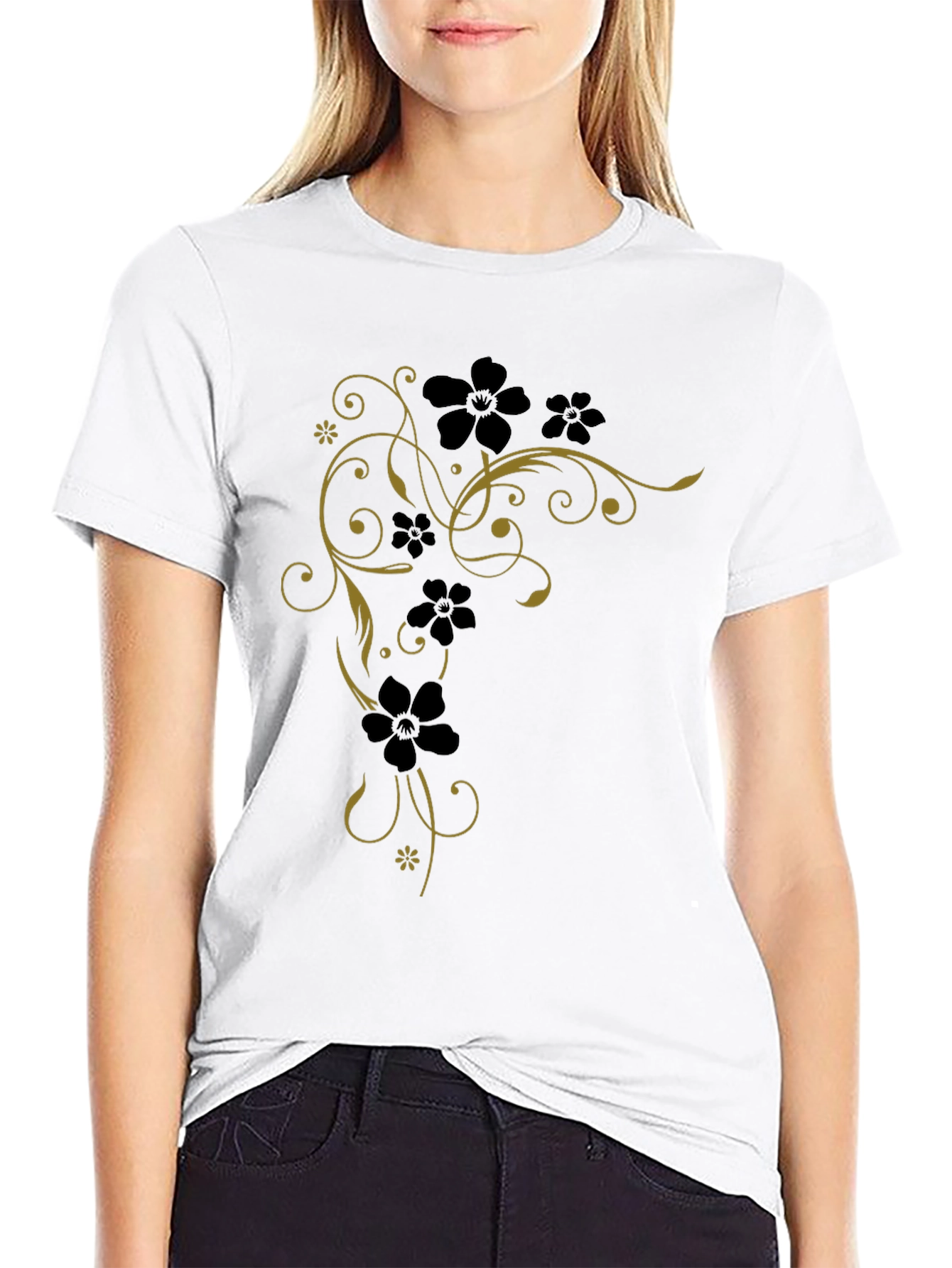 Floral Vine Tee - Black Cotton Graphic T-Shirt