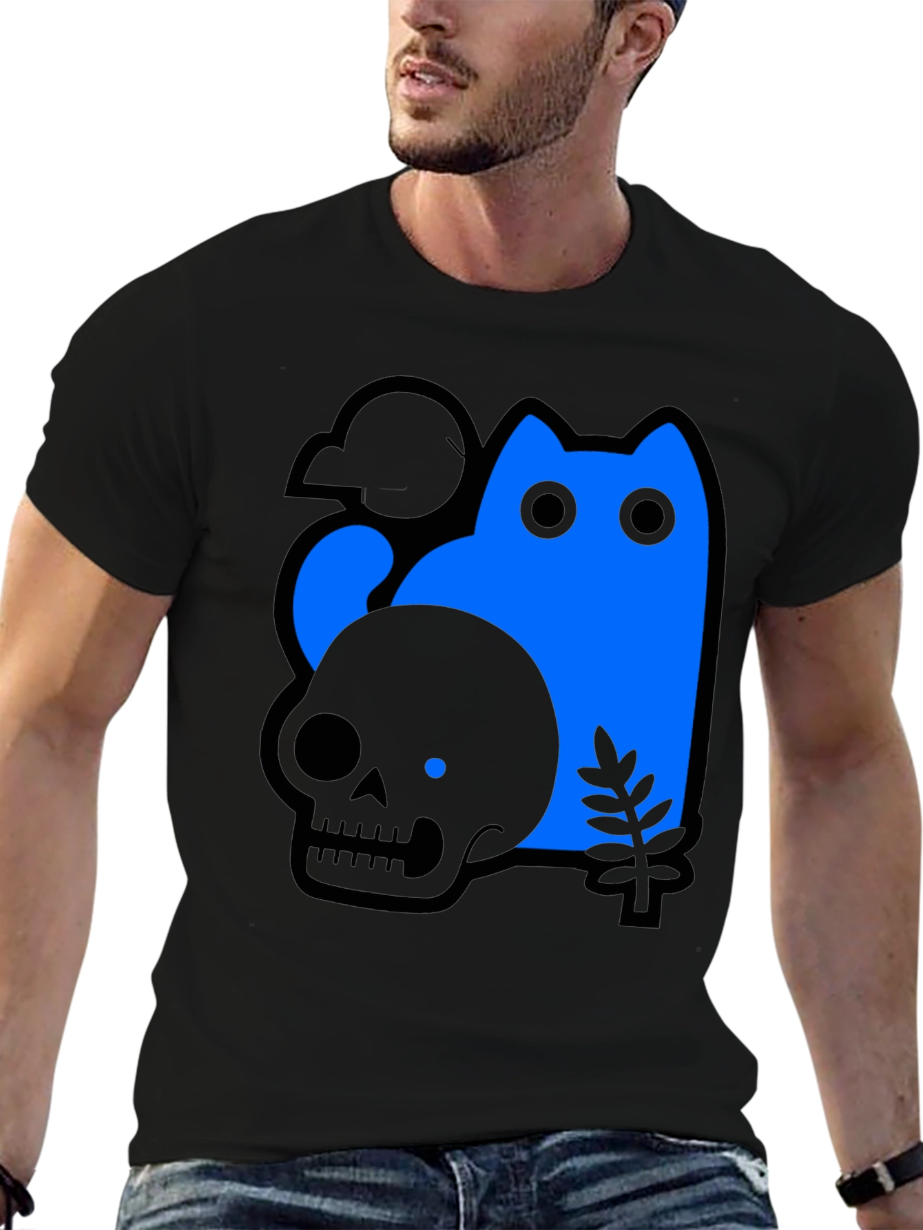 Skull & Cat Graphic Tee - Black Unisex T-Shirt