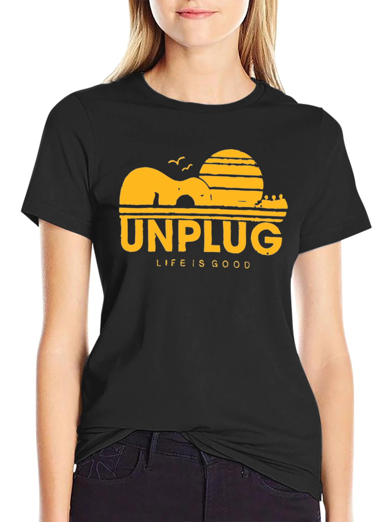 Unplug Life Is Good Black Graphic T-Shirt