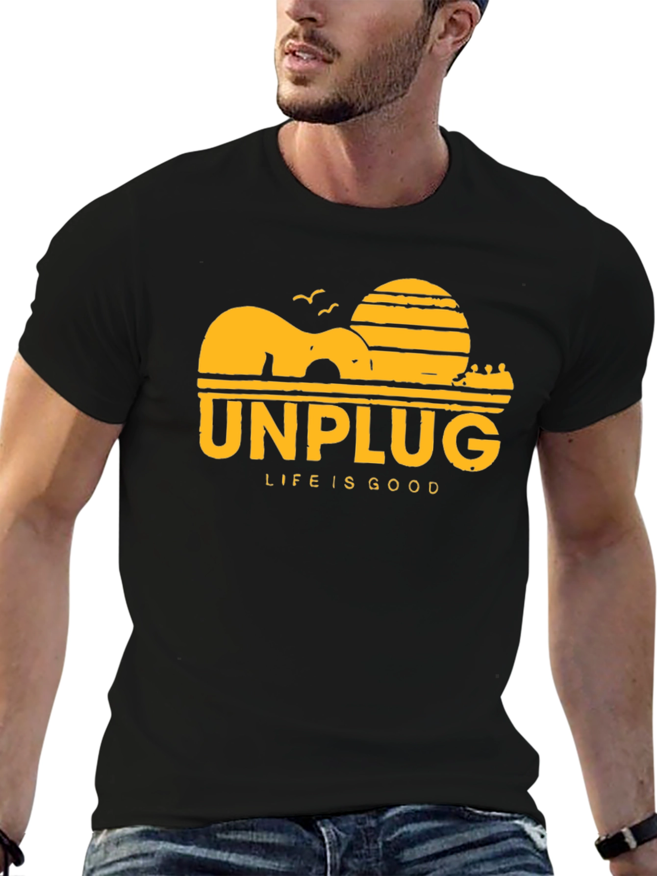 Unplug Life Is Good Black Graphic T-Shirt