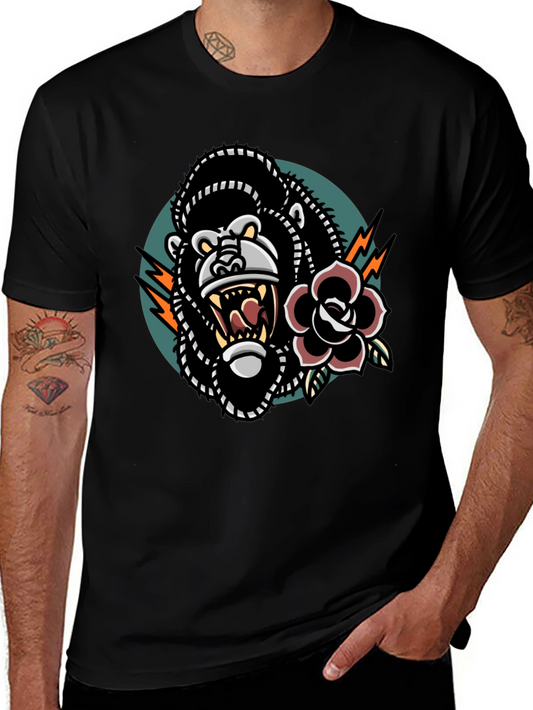 Graphic Tee: Gorilla & Rose Tattoo Design - Cool Black T-Shirt