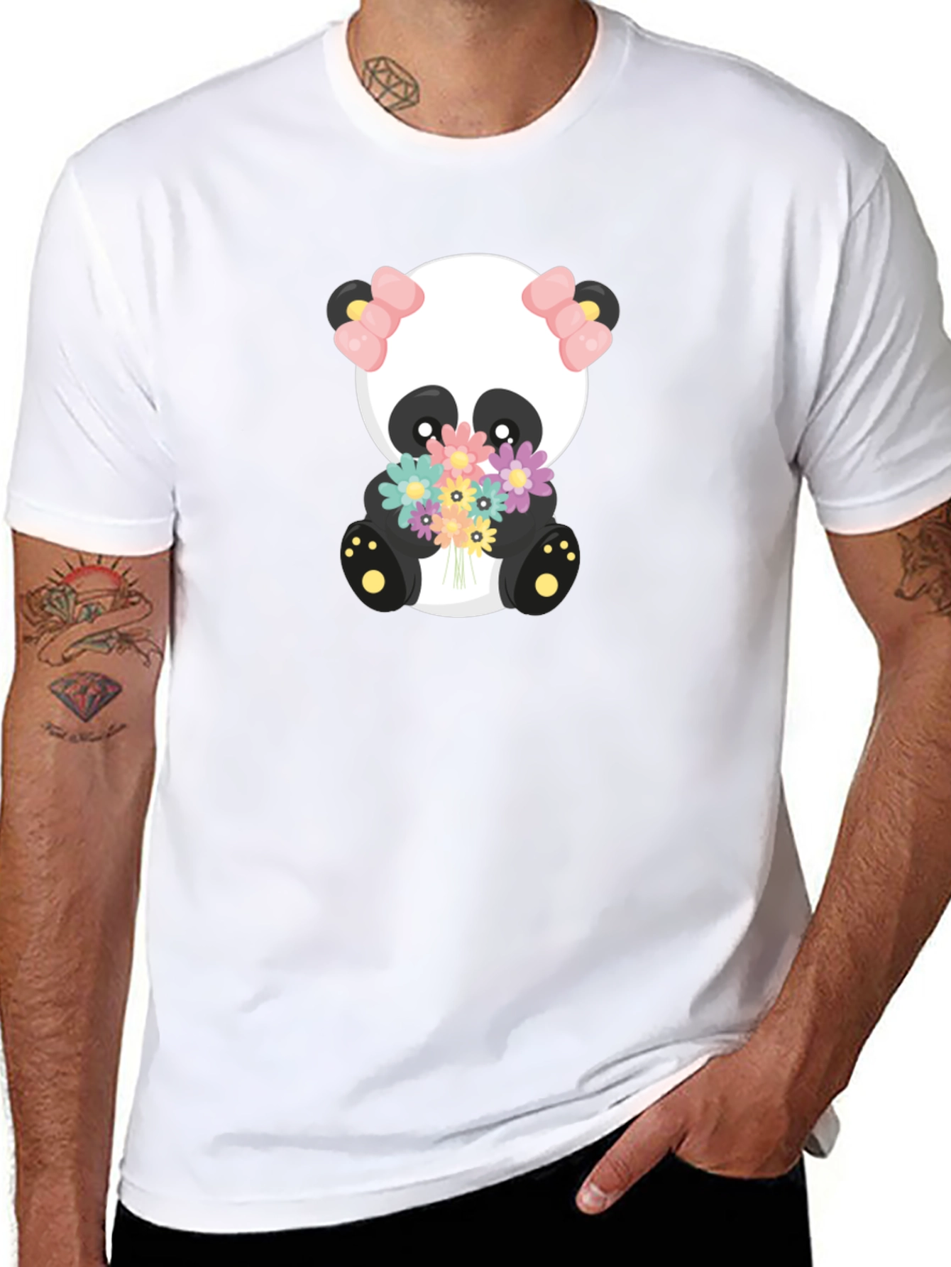 Cute Panda Holding Flowers Graphic T-Shirt