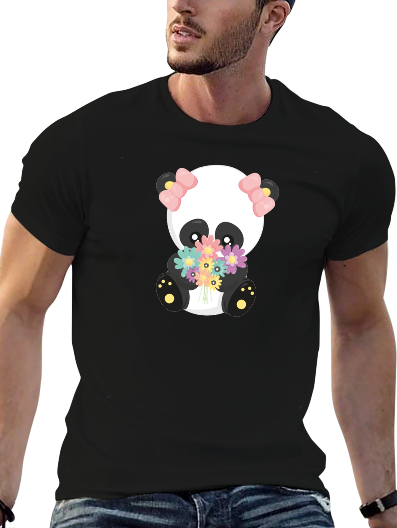 Cute Panda Holding Flowers Graphic T-Shirt