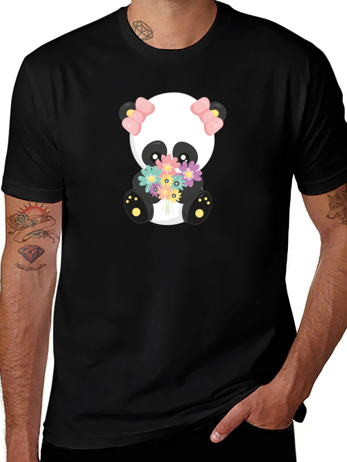 Cute Panda Holding Flowers Graphic T-Shirt