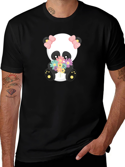 Cute Panda Holding Flowers Graphic T-Shirt