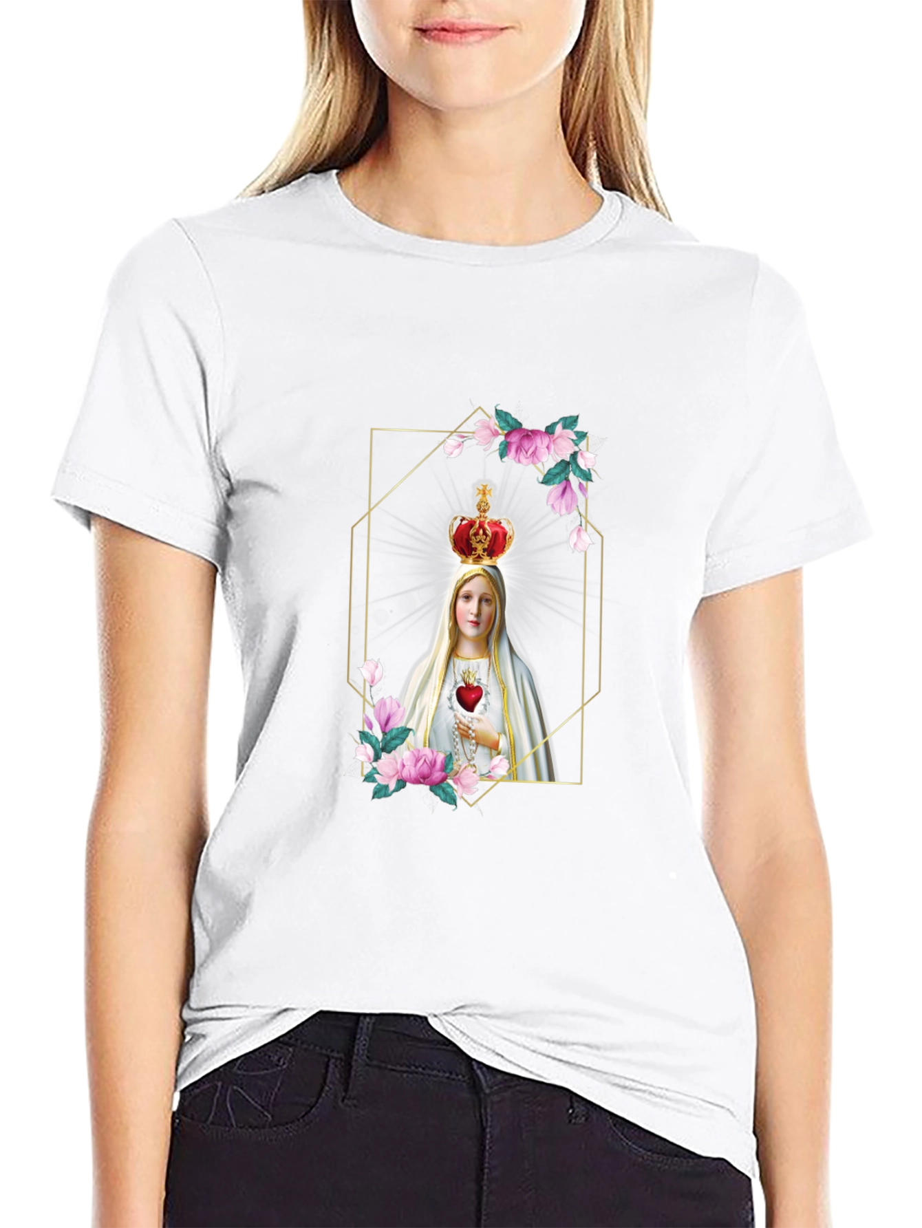 Virgin Mary Graphic Print Black T-Shirt