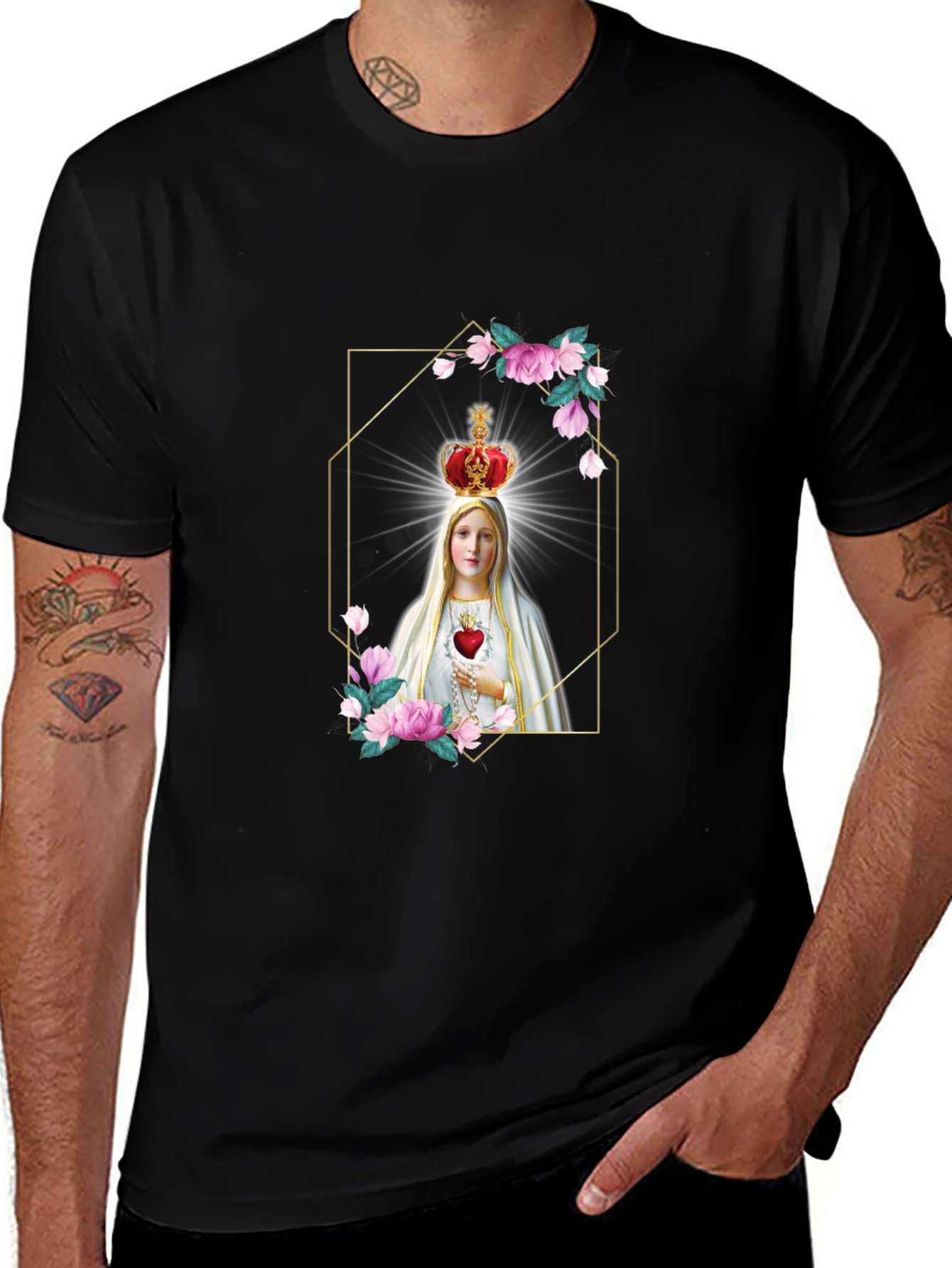 Virgin Mary Graphic Print Black T-Shirt