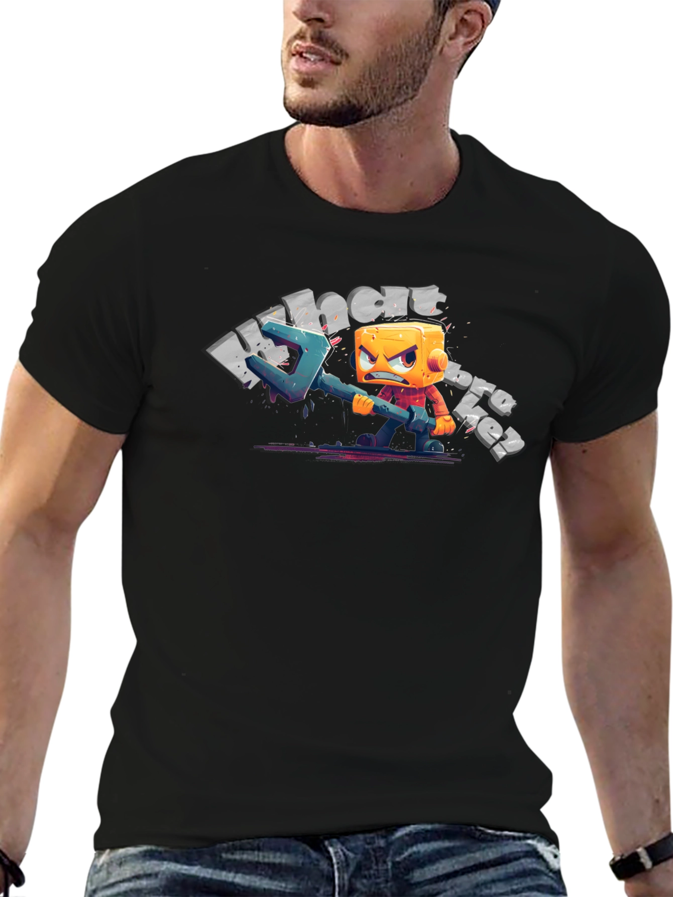 Mens Black T-Shirt with Cartoon Character Graphic