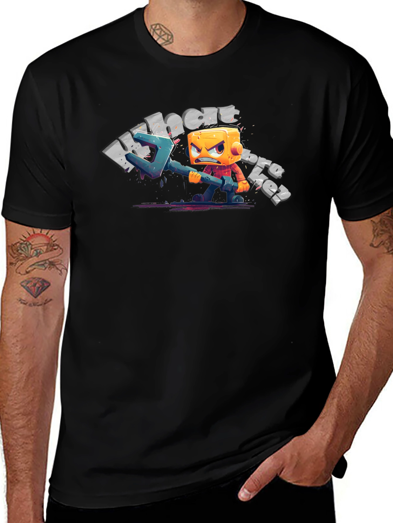Mens Black T-Shirt with Cartoon Character Graphic