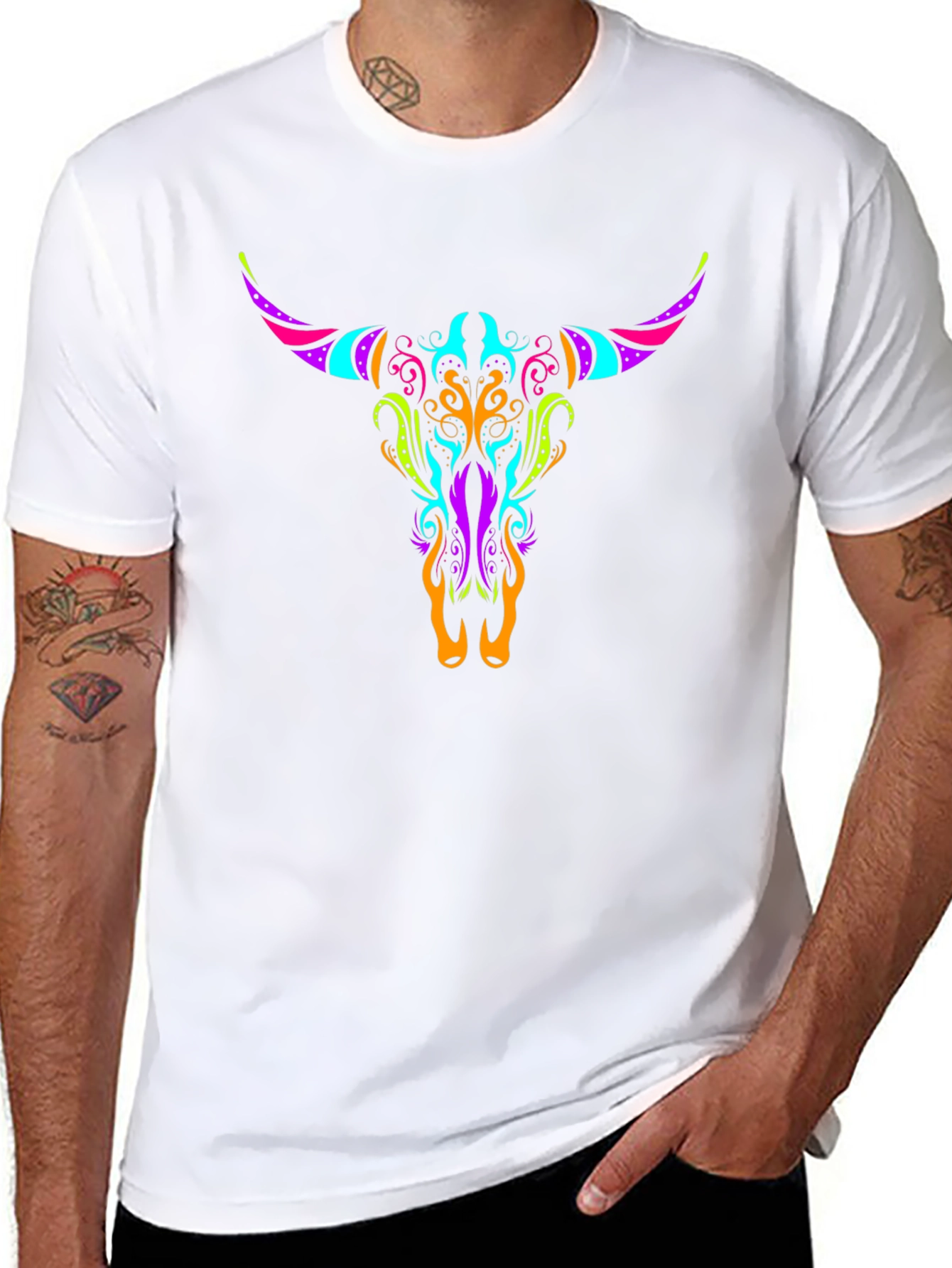 Neon Bull Skull Graphic Tee - Black