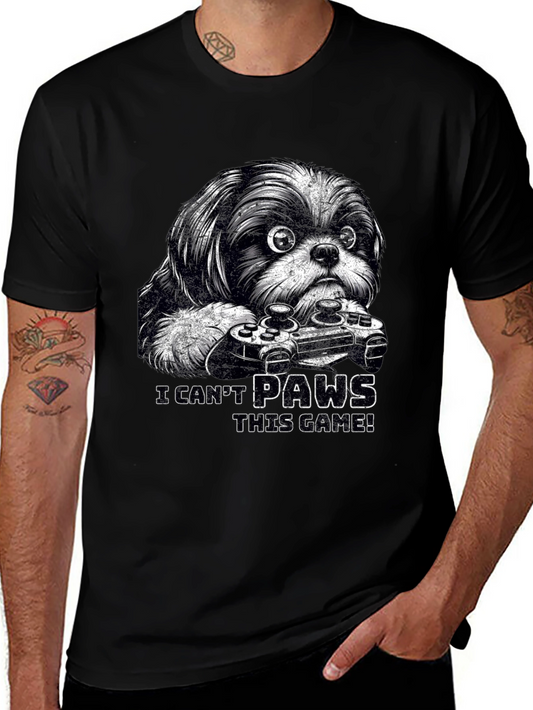 Funny Dog Gamer Black T-Shirt - I Cant Paws This Game