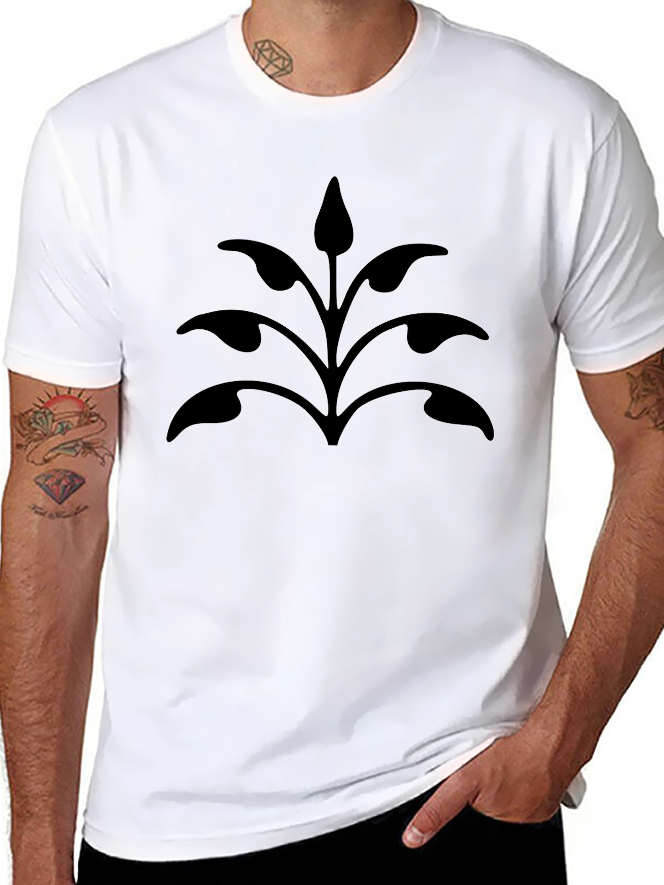 Black T-Shirt with Stylized Plant Design
