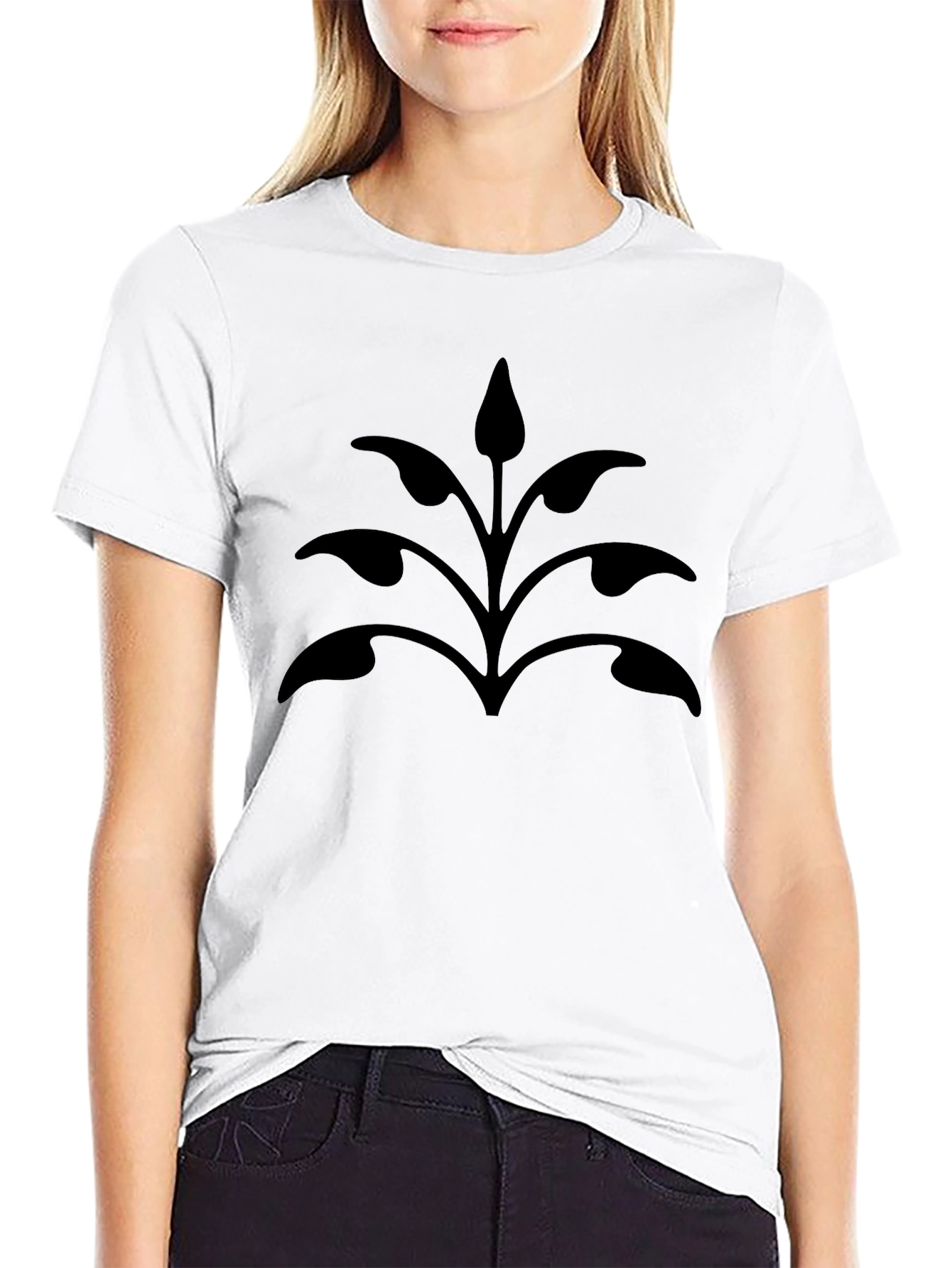 Black T-Shirt with Stylized Plant Design