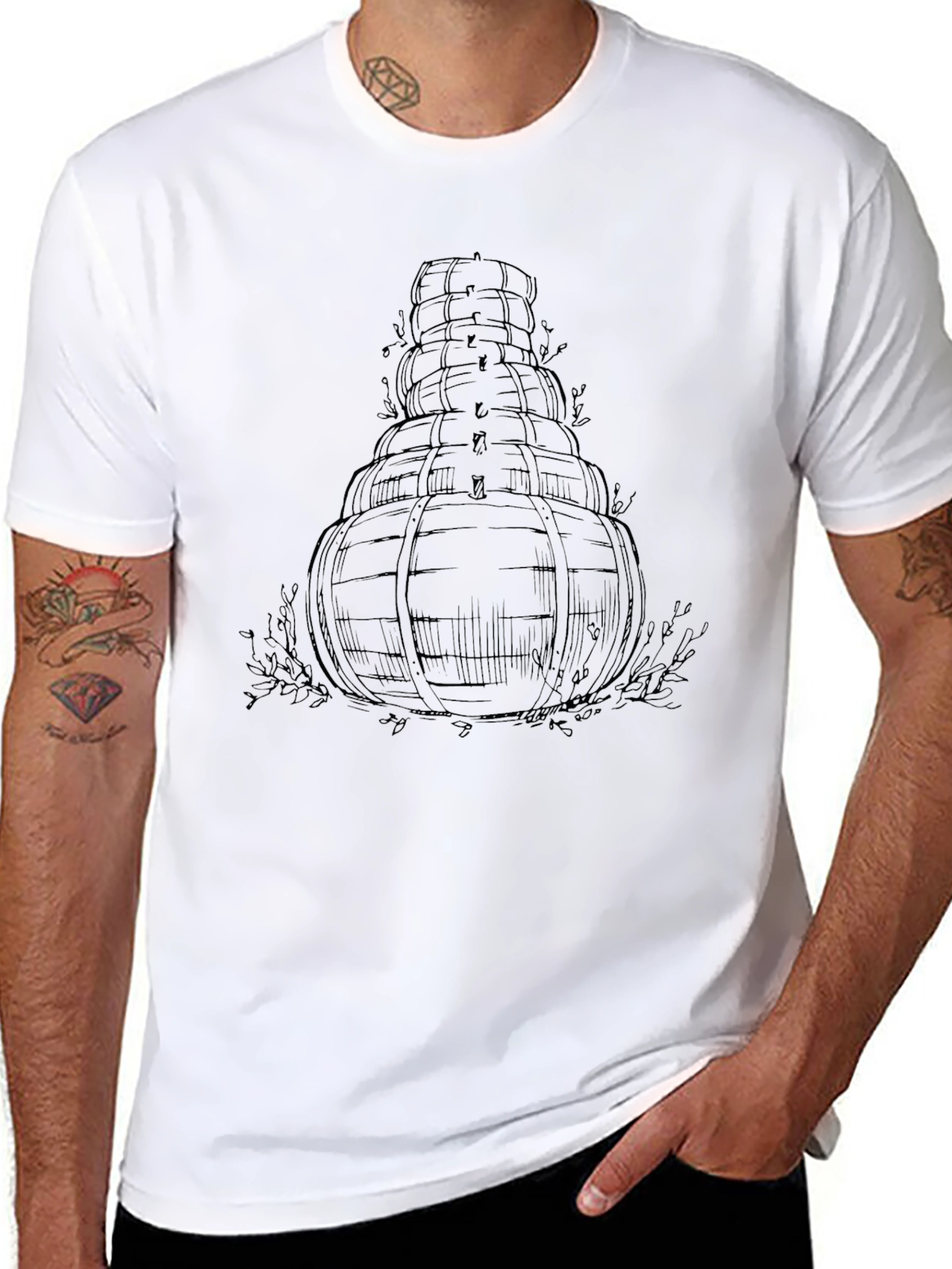 Mens Black T-Shirt with Barrel Tower Design