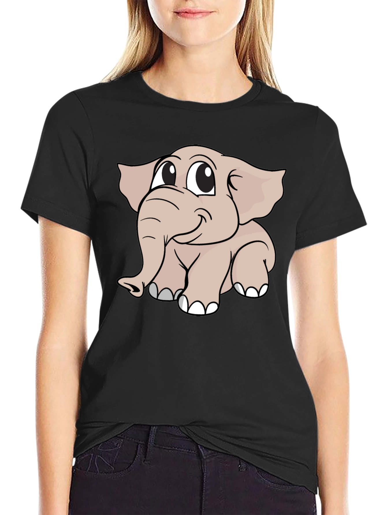 Cute Elephant Cartoon Black T-Shirt