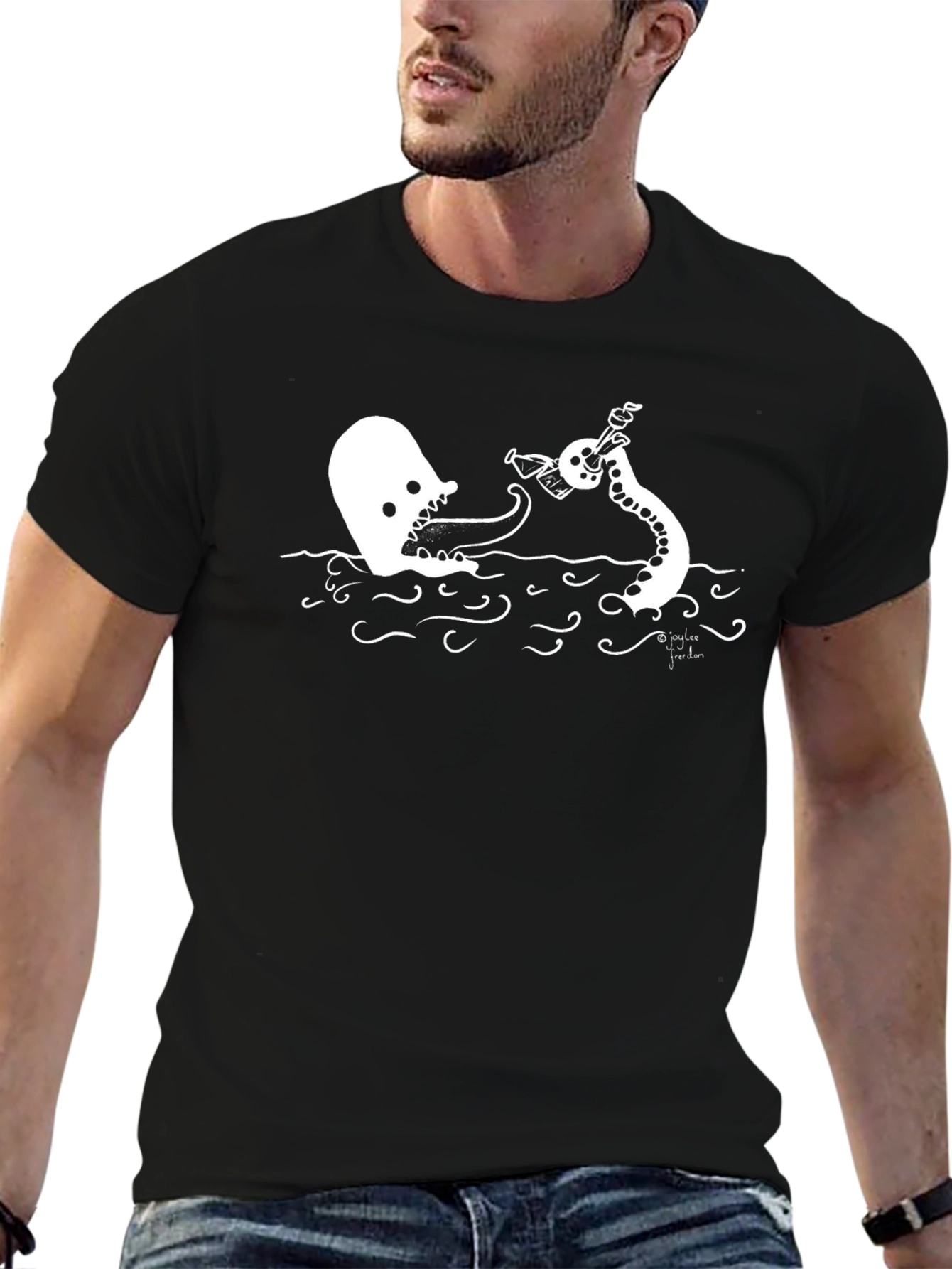 Cartoon Ghost vs Octopus Black T-Shirt