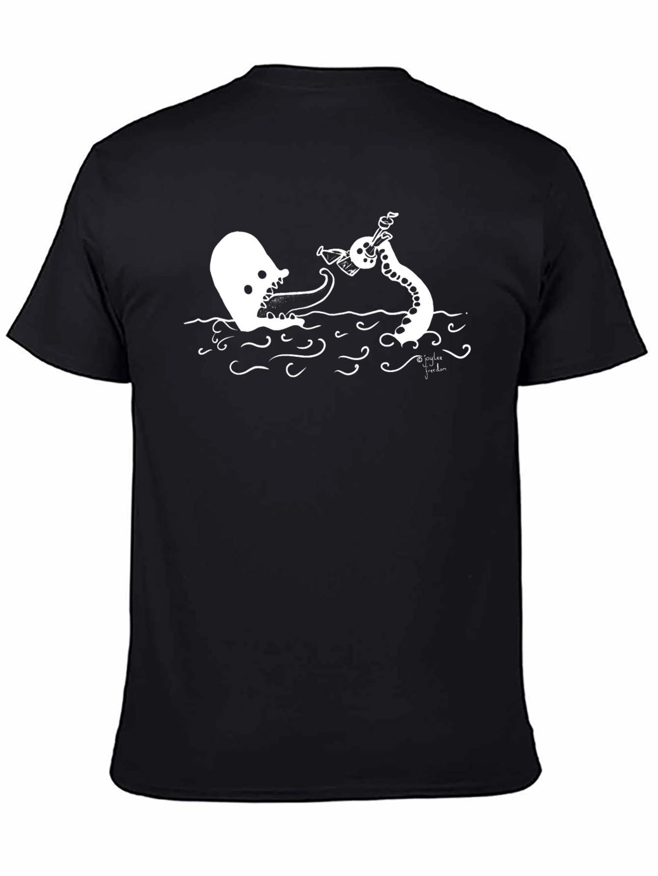Cartoon Ghost vs Octopus Black T-Shirt
