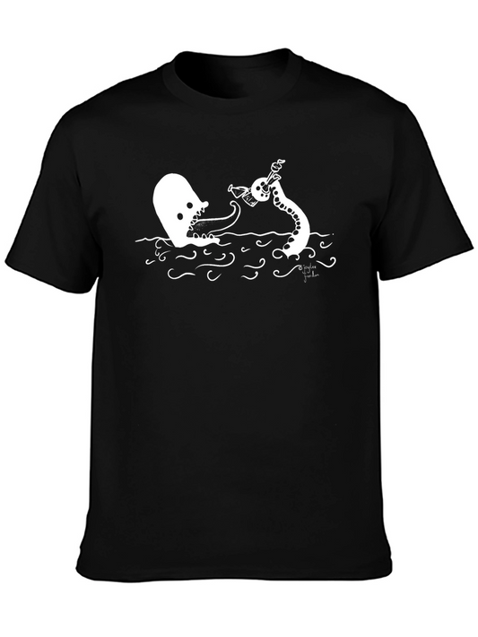 Cartoon Ghost vs Octopus Black T-Shirt