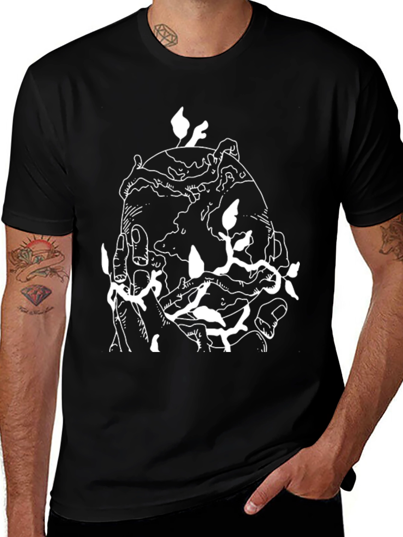 Black Graphic Tee: Earth in Hand Design